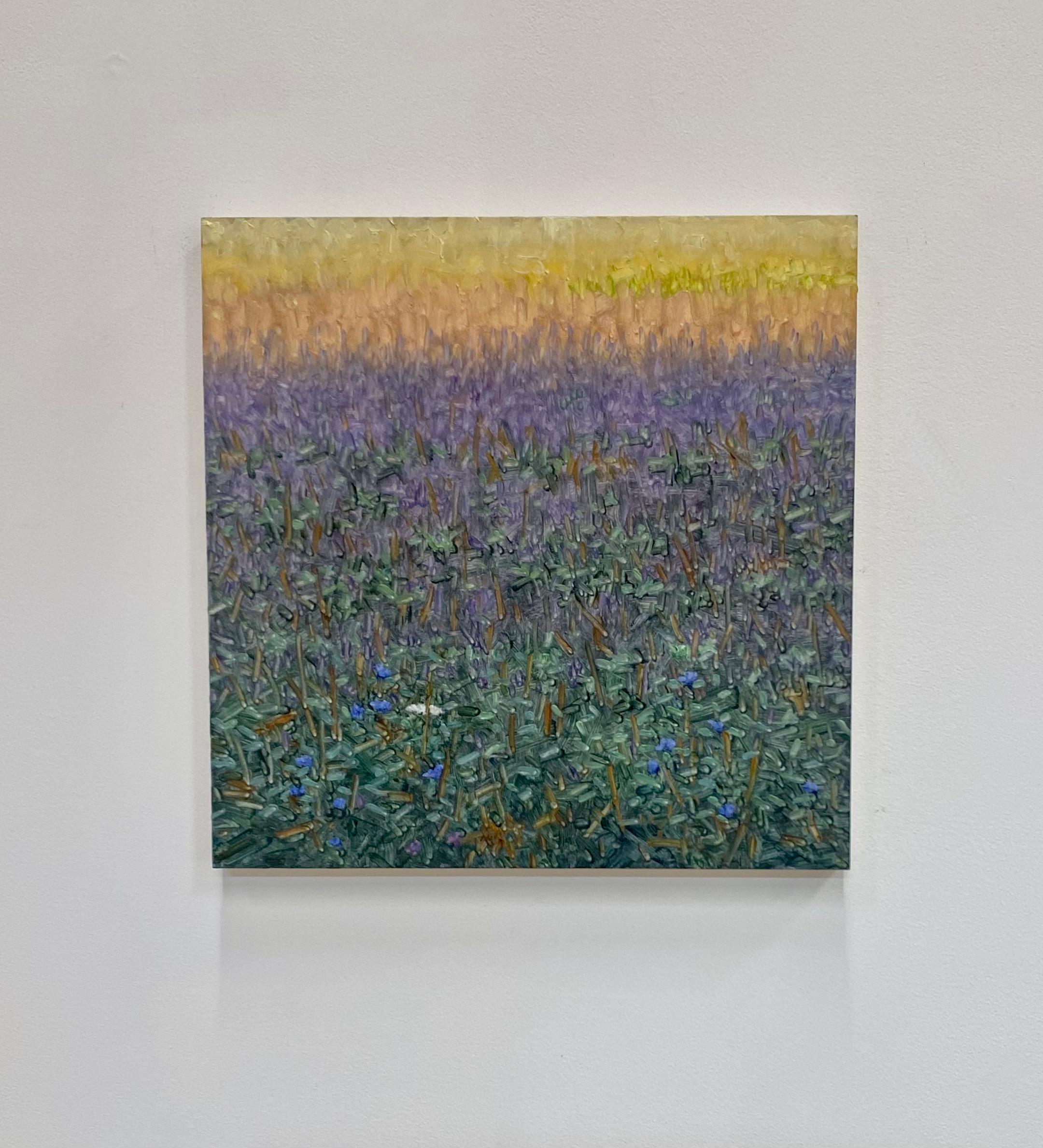 A peaceful outdoor scene with a delicately painted field with periwinkle blue, lavender and white flowers, beautifully capturing the idyllic feel of a field of wildflowers and tall grass in late July. Signed, dated and titled on verso.

The