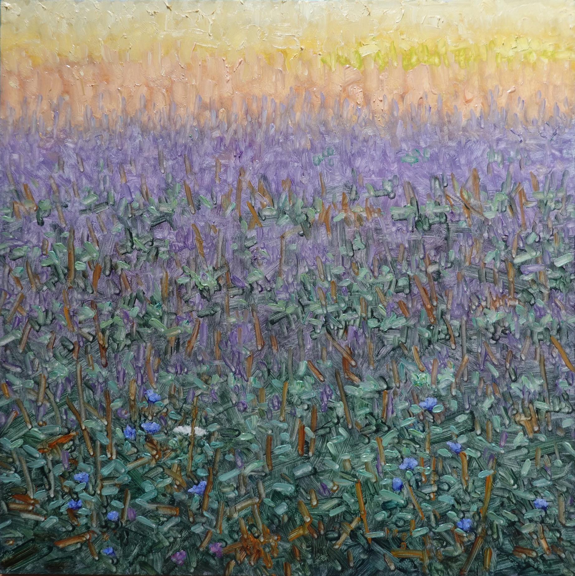 Thomas Sarrantonio Landscape Painting - Field Painting July 29 2022, Purple, Violet Blue Flowers Green Grass Landscape