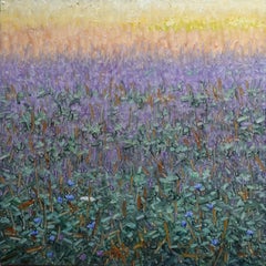 Peinture de terrain du 29 juillet 2022, fleurs violettes, bleu violettes et paysage de gazon vert