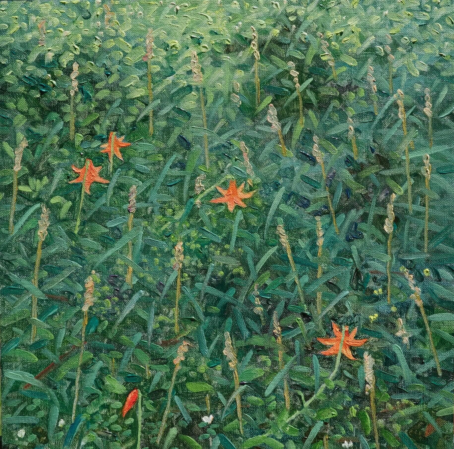 Pintura de campo 3 de julio - Pintura contemporánea de paisaje Flores naranjas, 2025