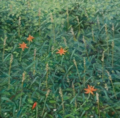 Field Painting July 3 - Contemporary Landscape Painting Orange Flowers, 2025