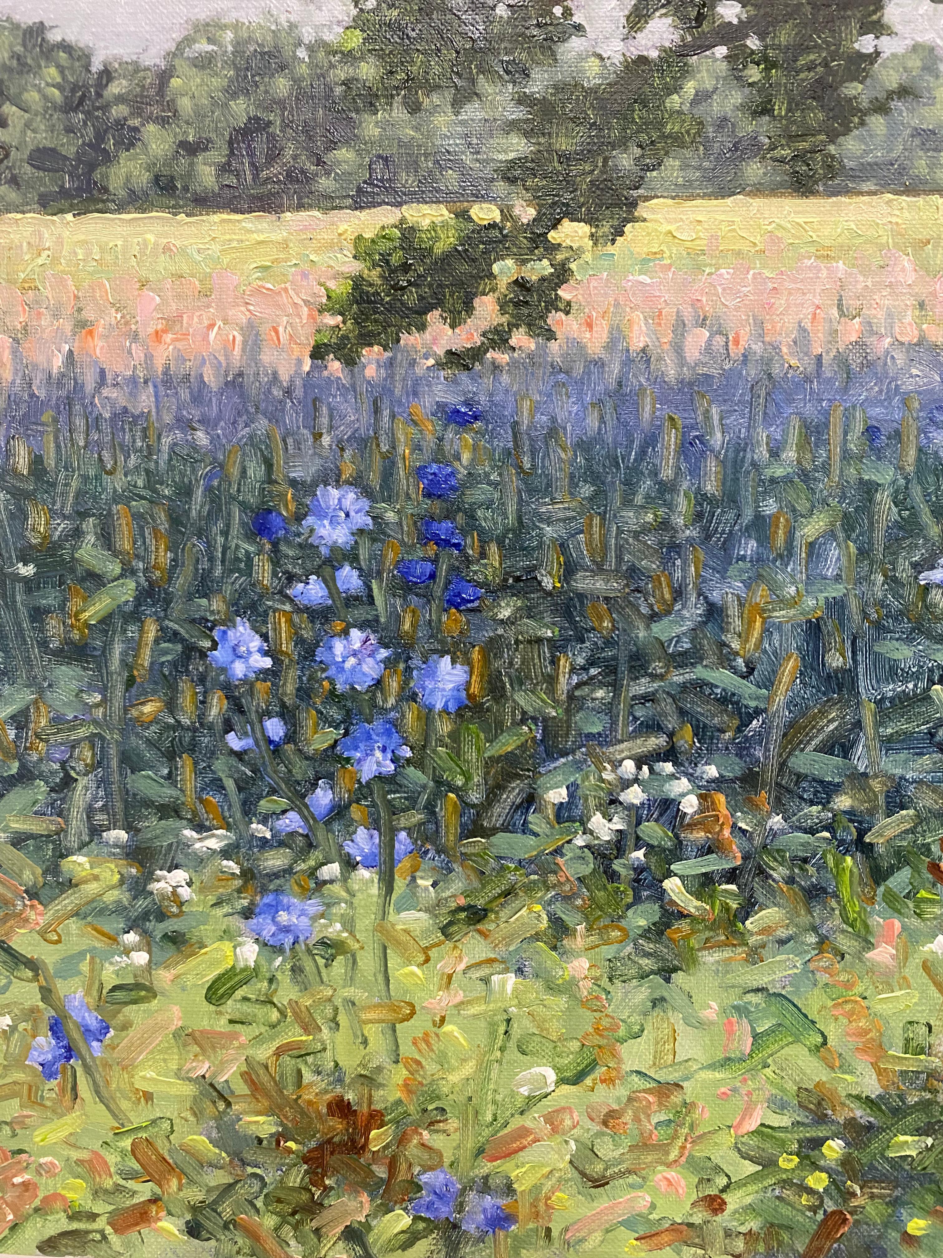 Field Painting July 8 2022, Summer Landscape, Violet Flowers, Grass, Trees For Sale 6