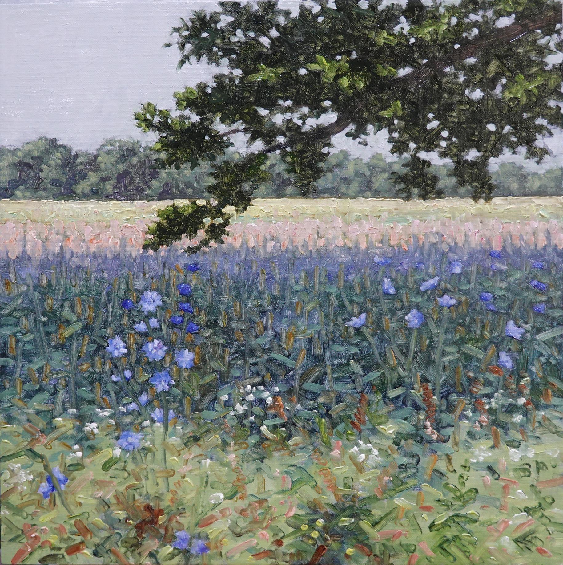 Thomas Sarrantonio Landscape Painting - Field Painting July 8 2022, Summer Landscape, Violet Flowers, Grass, Trees