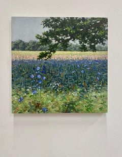 Field Painting July 8 2022, Violet Flowers, Grass, Trees Summer Landscape