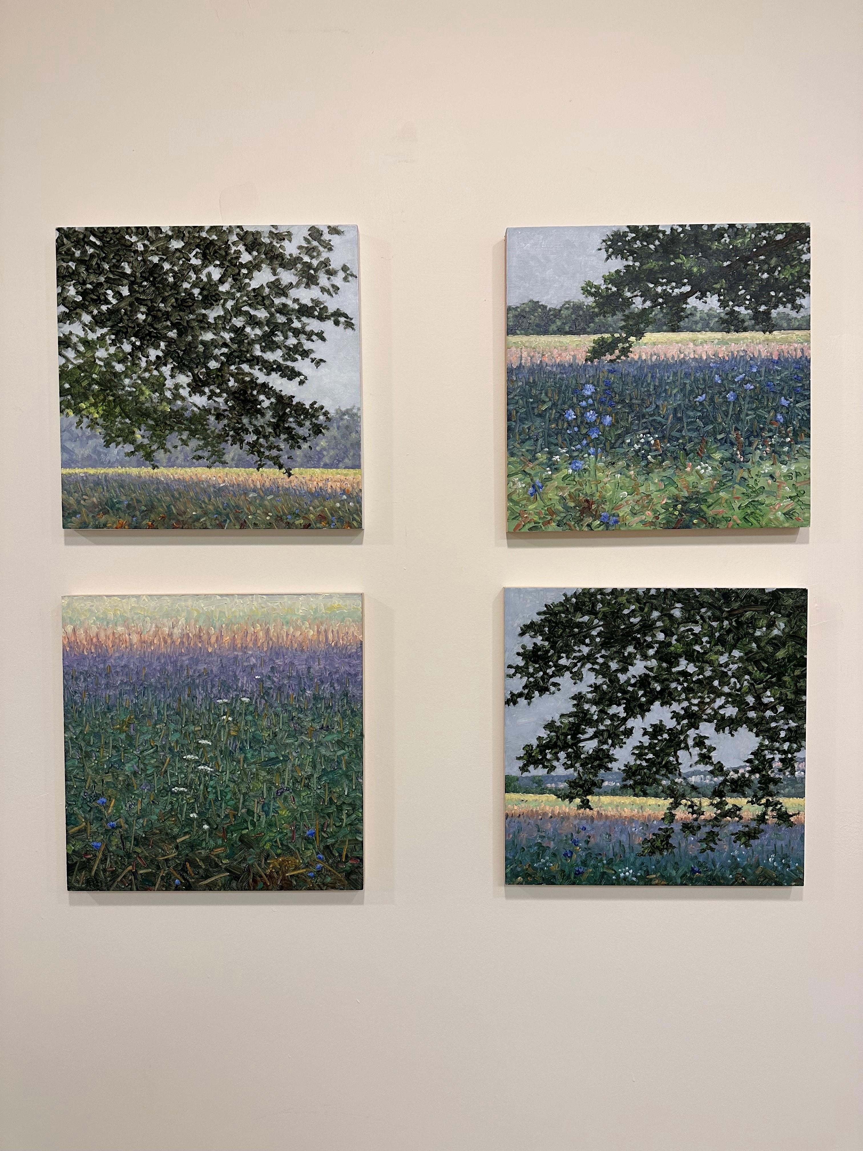 A peaceful outdoor scene in summer of delicately painted lavender and violet blue flowers in a grassy field beneath a tree with dark green leaves, beautifully capturing the idyllic feel of a field of wildflowers in early July. Signed, dated and
