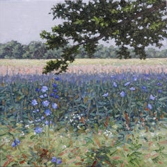 Field Painting July 8 2022, Violet Flowers, Grass, Trees Summer Landscape