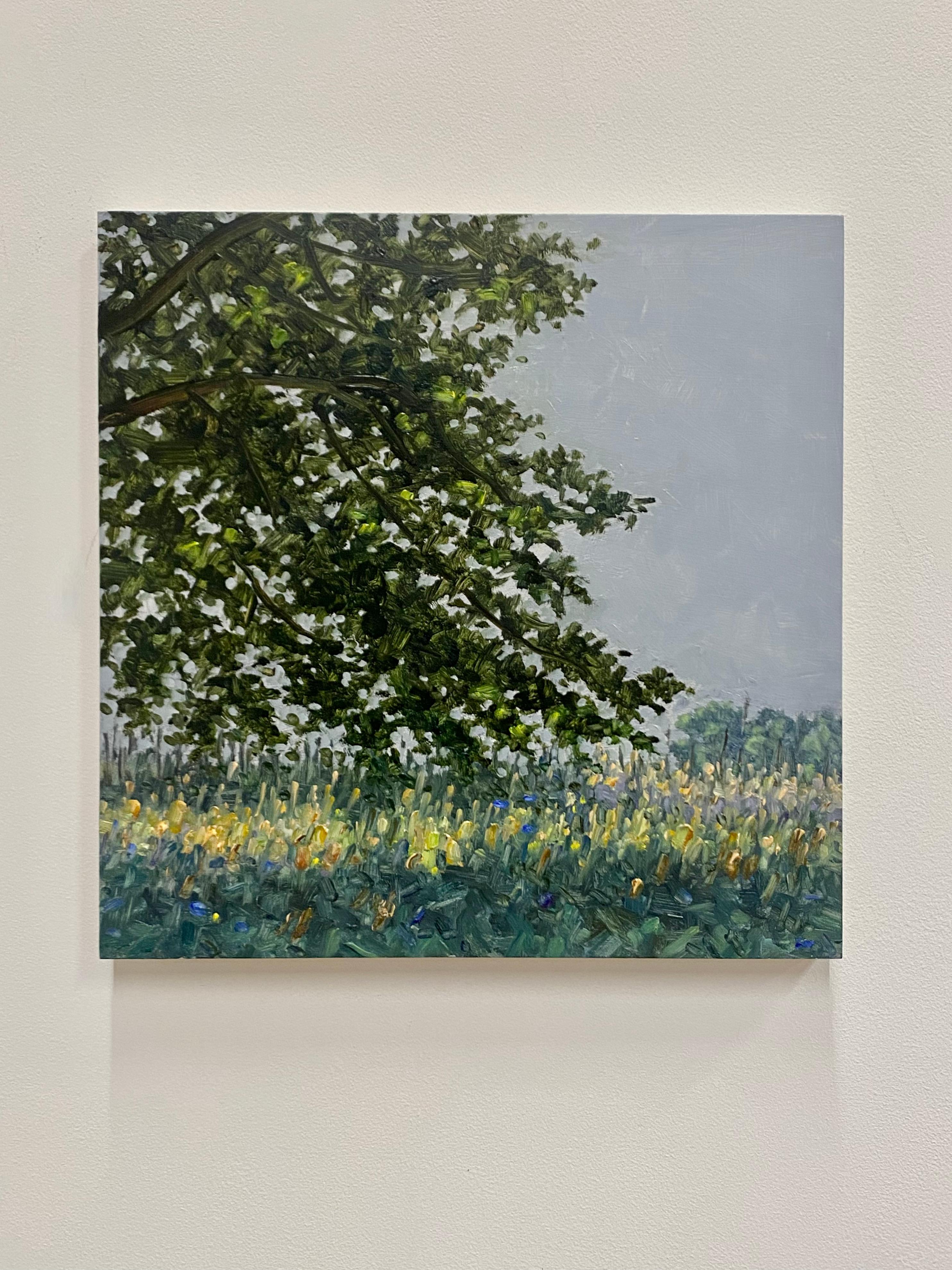 A peaceful outdoor scene in summer of delicately painted violet blue flowers in a grassy field beneath a tree with dark green leaves, beautifully capturing the idyllic feel of a field of wildflowers in July. Signed, dated and titled on verso.

The