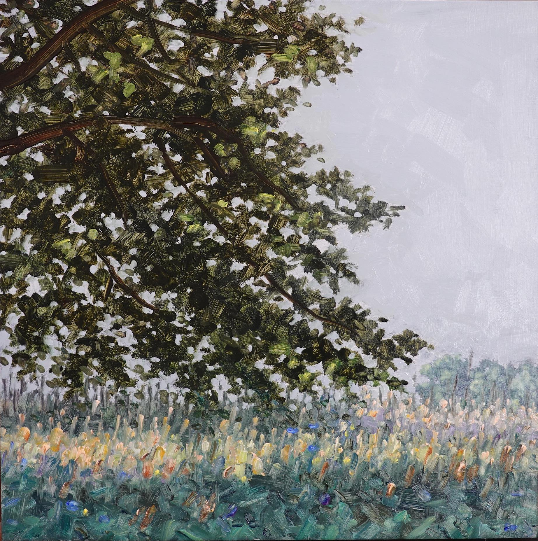 Thomas Sarrantonio Landscape Painting - Field Painting July 9 2022, Violet Flowers, Green Grass, Trees. Gray Sky, Summer