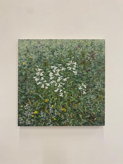 Pintura de campo 11 de junio de 2021, flores blancas, hierba verde Paisaje botánico