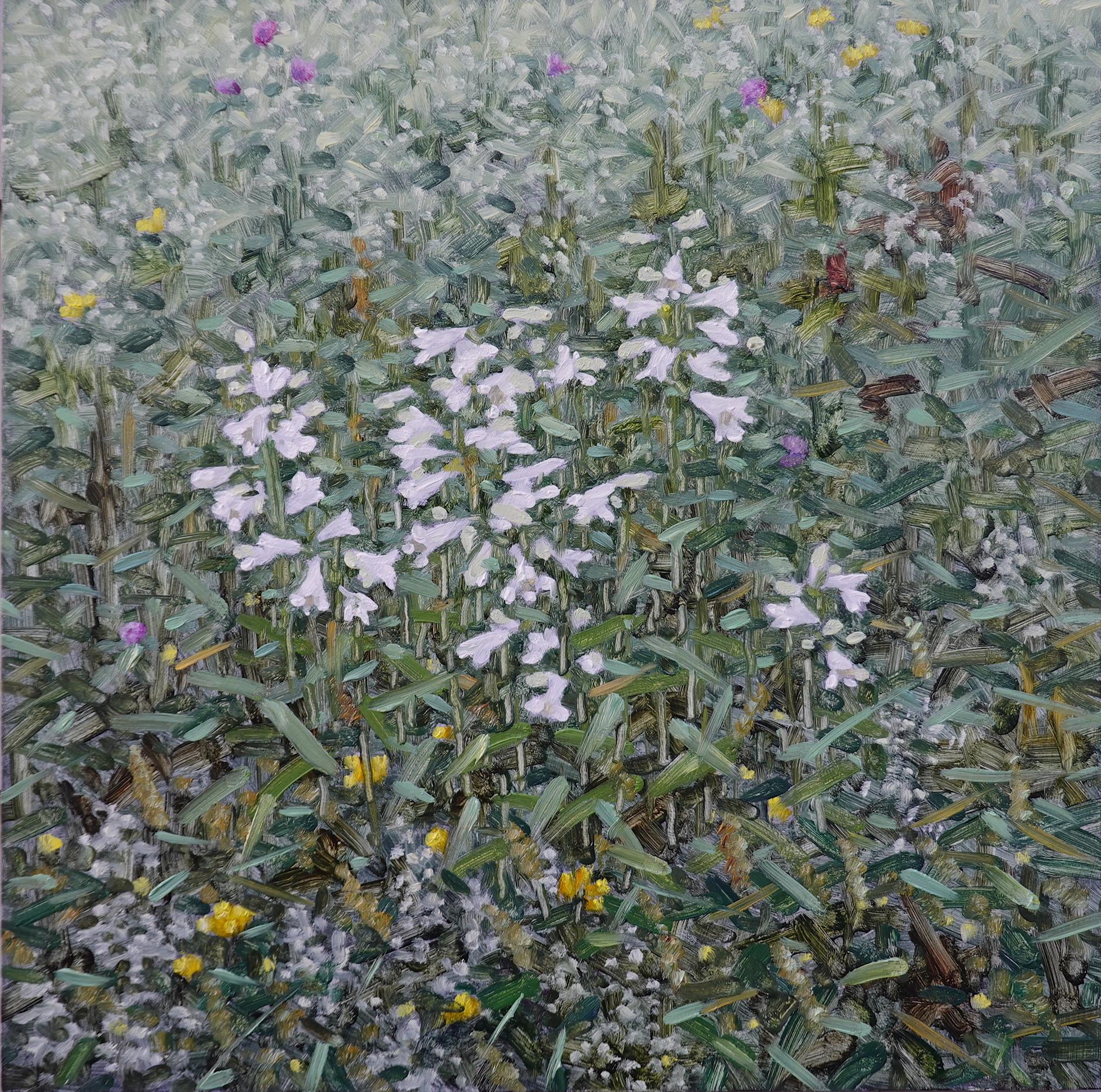 Thomas Sarrantonio Landscape Painting - Field Painting June 11 2021, White Flowers, Green Grass Botanical Landscape