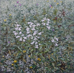 Field Painting June 11 2021, White Flowers, Green Grass Botanical Landscape