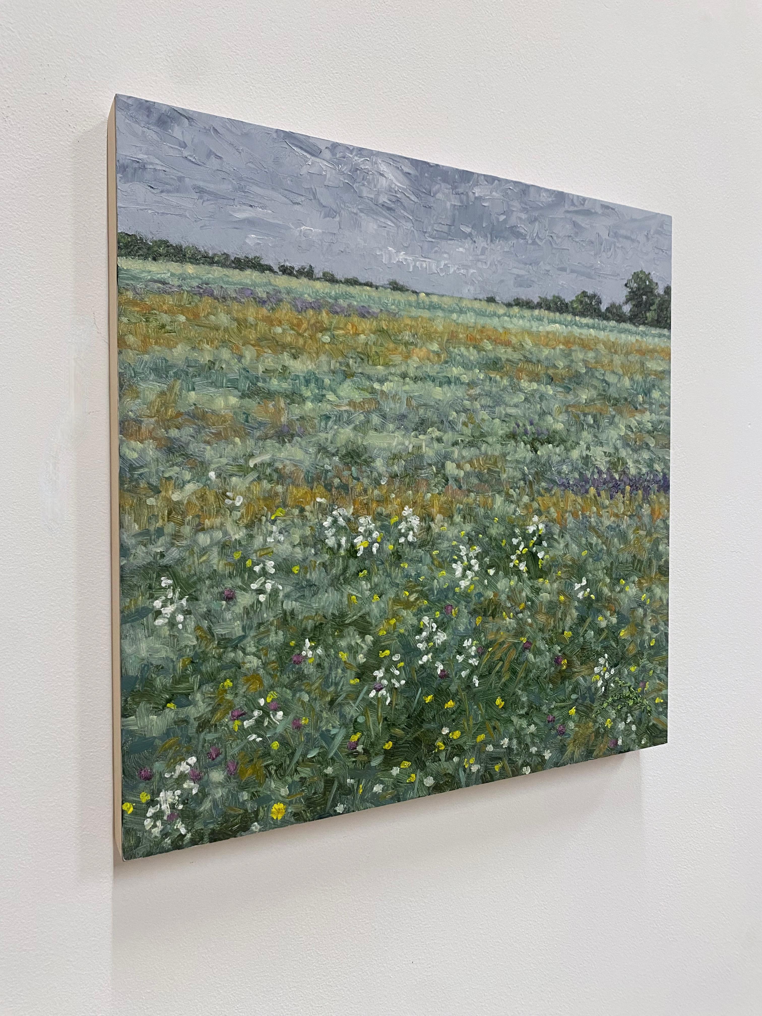 Field Painting June 15 2021, Summer Landscape, Purple Flowers, Green Field, Sky For Sale 1