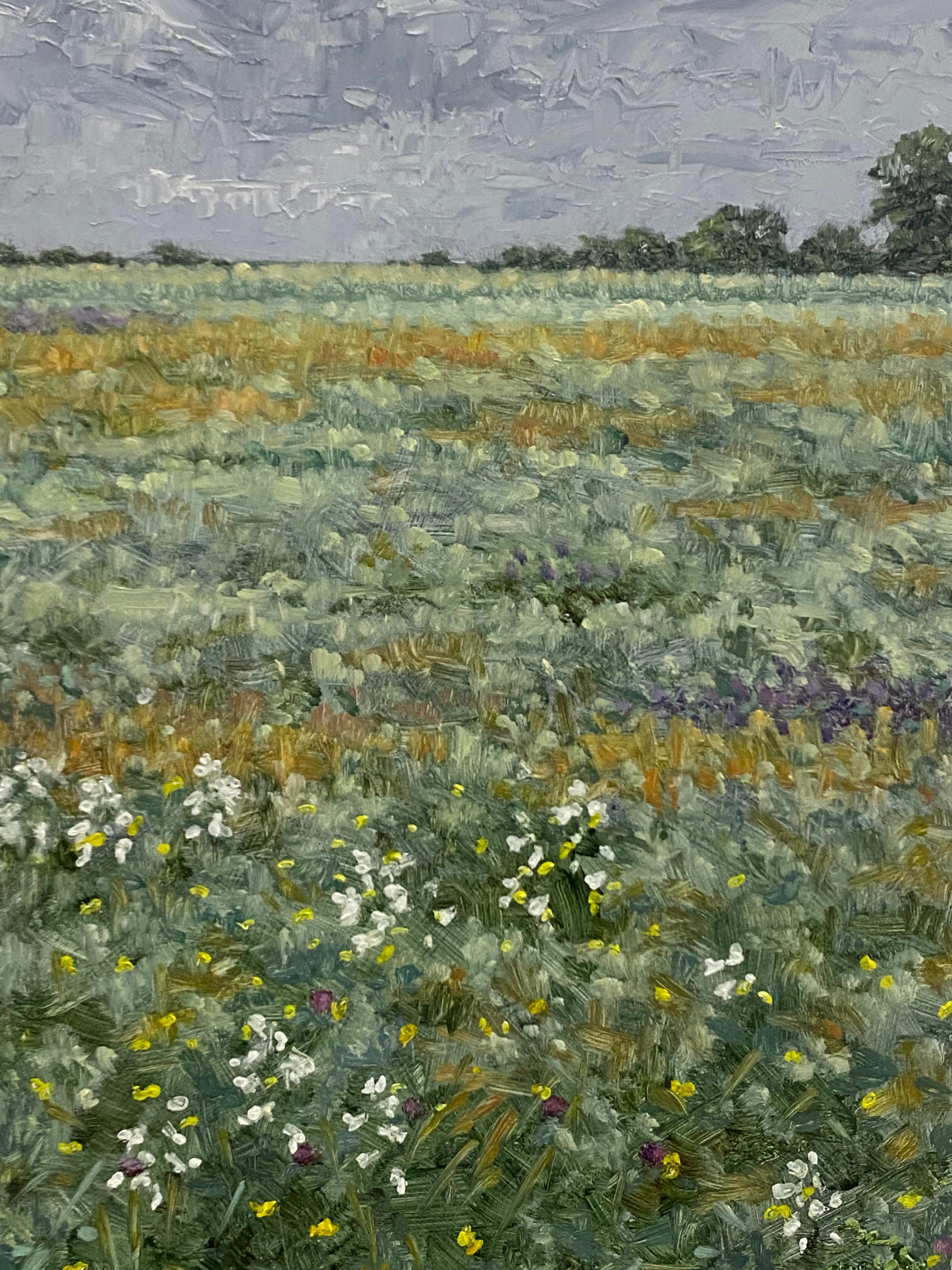 Field Painting June 15 2021, Summer Landscape, Purple Flowers, Green Field, Sky For Sale 2
