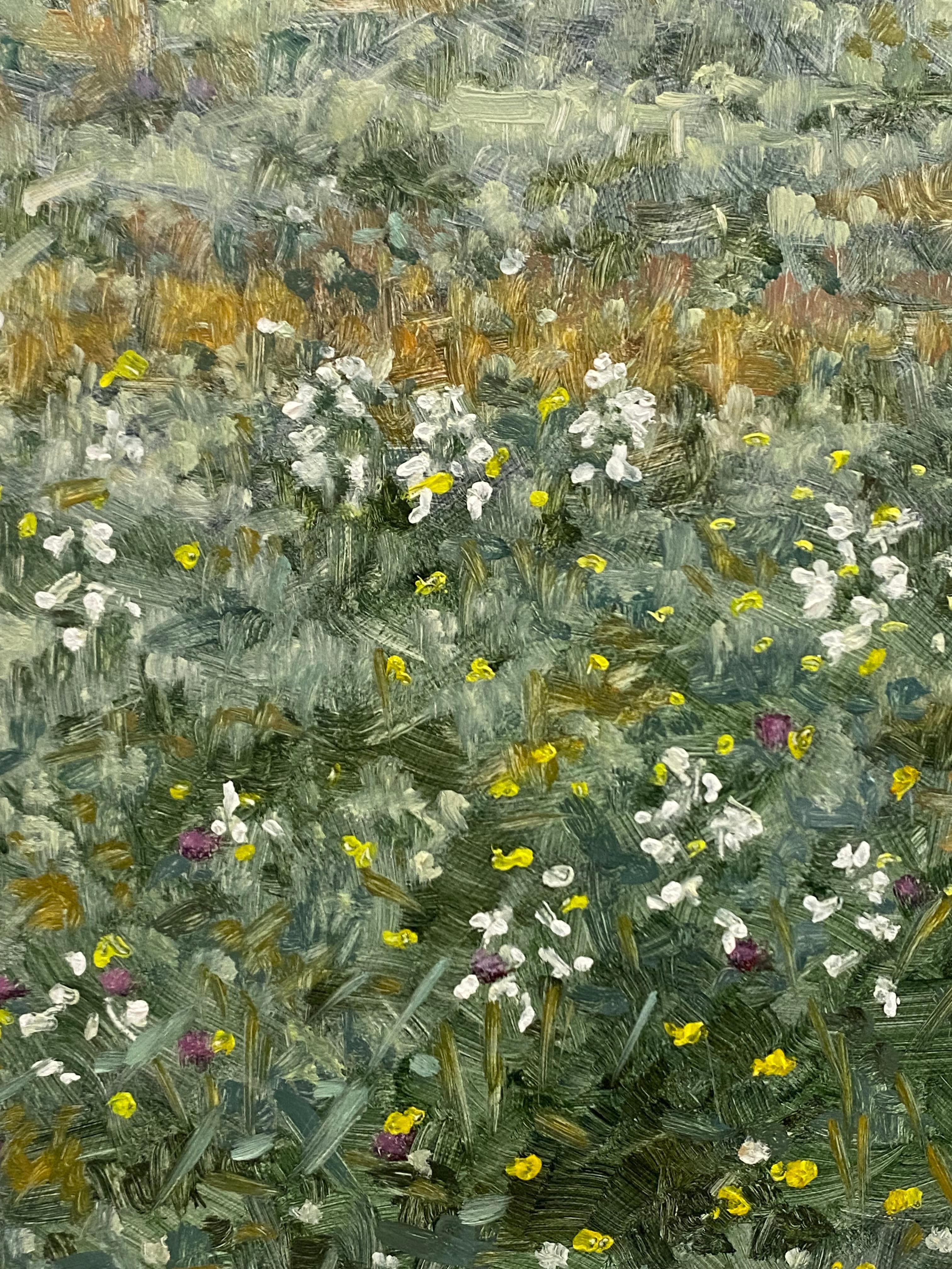 Field Painting June 15 2021, Summer Landscape, Purple Flowers, Green Field, Sky For Sale 3
