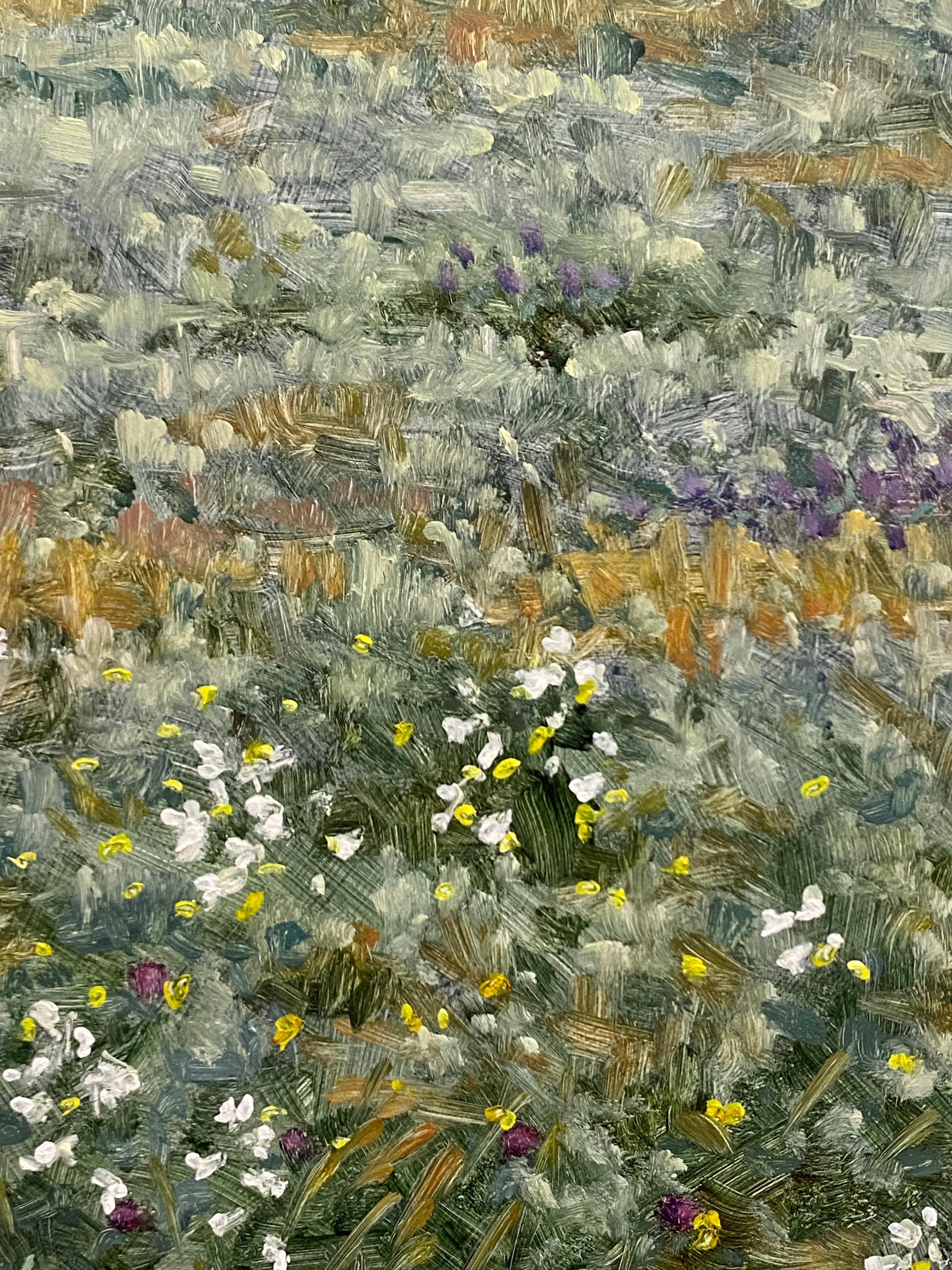 Field Painting June 15 2021, Summer Landscape, Purple Flowers, Green Field, Sky For Sale 4