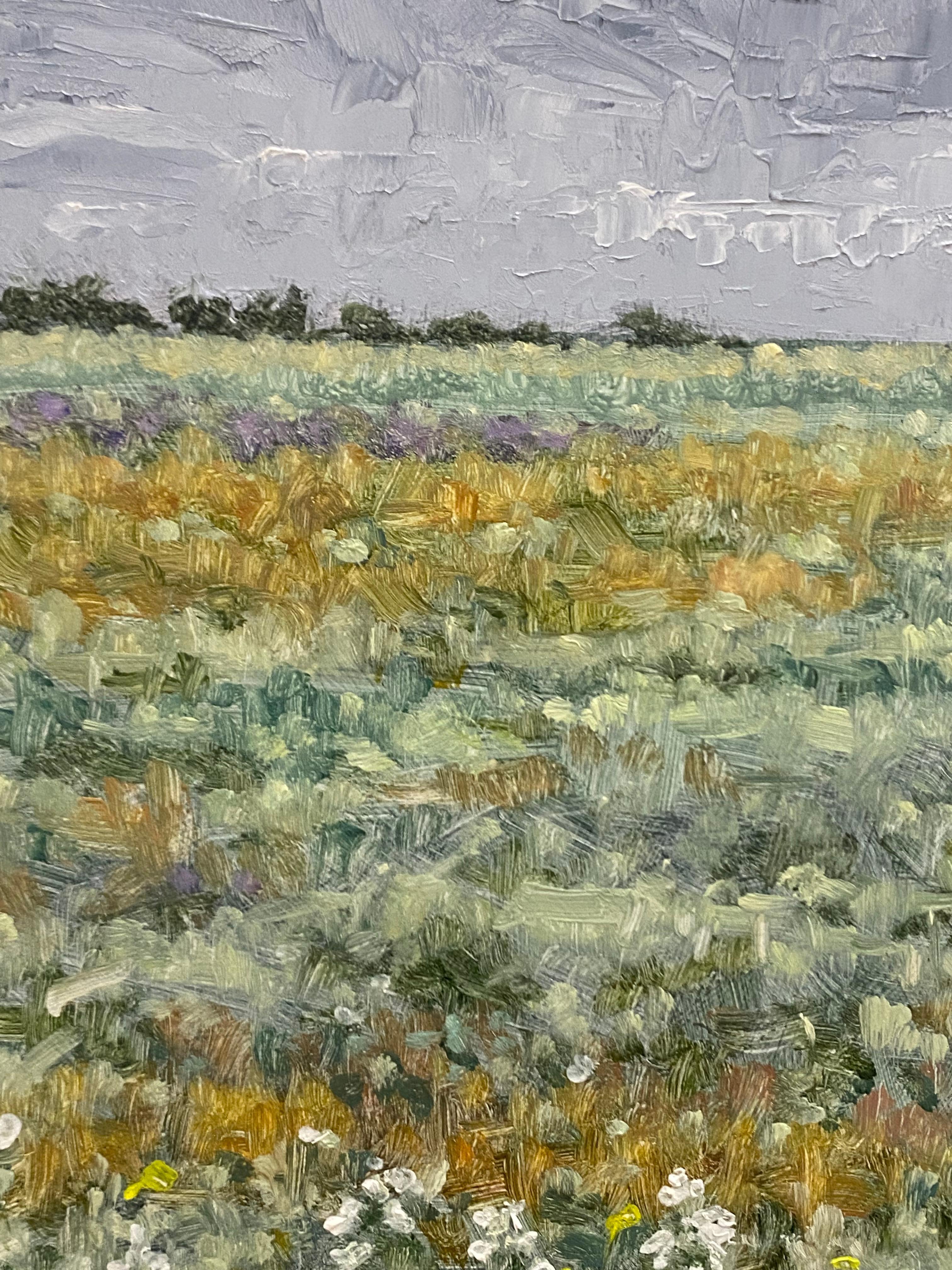 Field Painting June 15 2021, Summer Landscape, Purple Flowers, Green Field, Sky For Sale 5