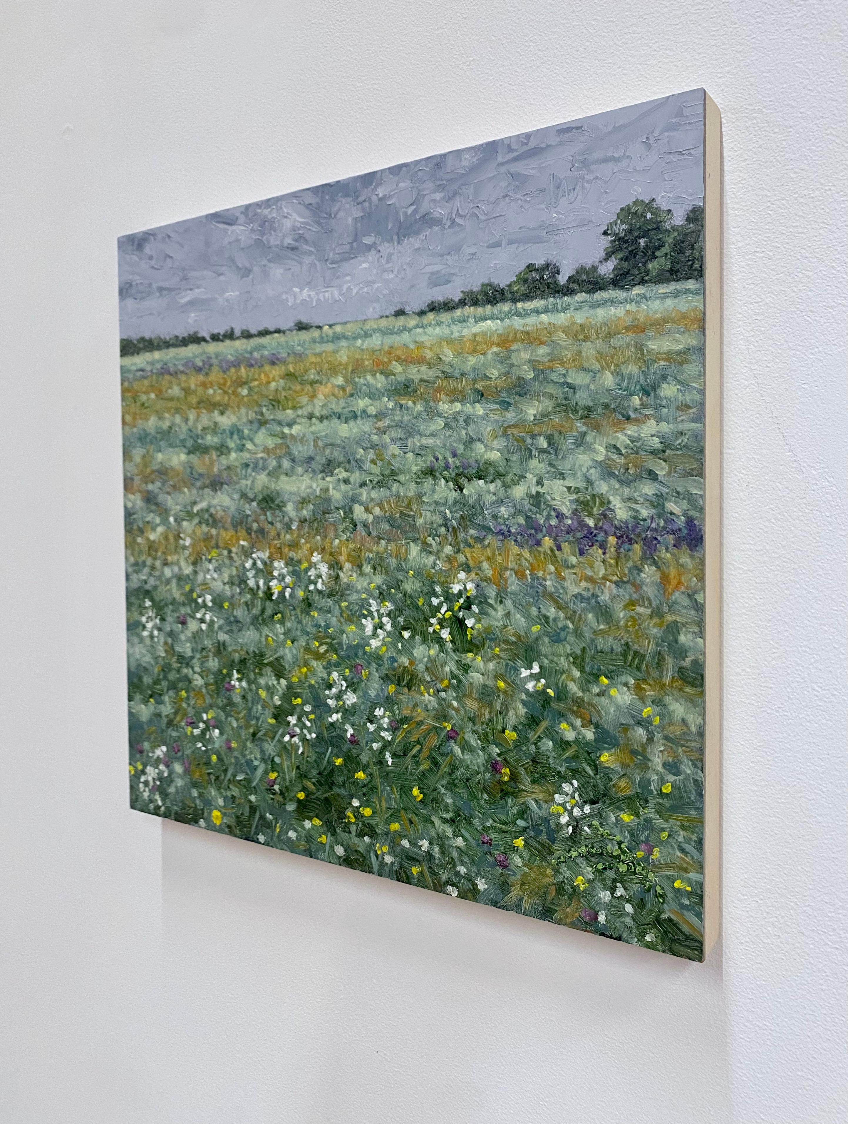 Field Painting June 15 2021, Summer Landscape, Purple Flowers, Green Field, Sky For Sale 7