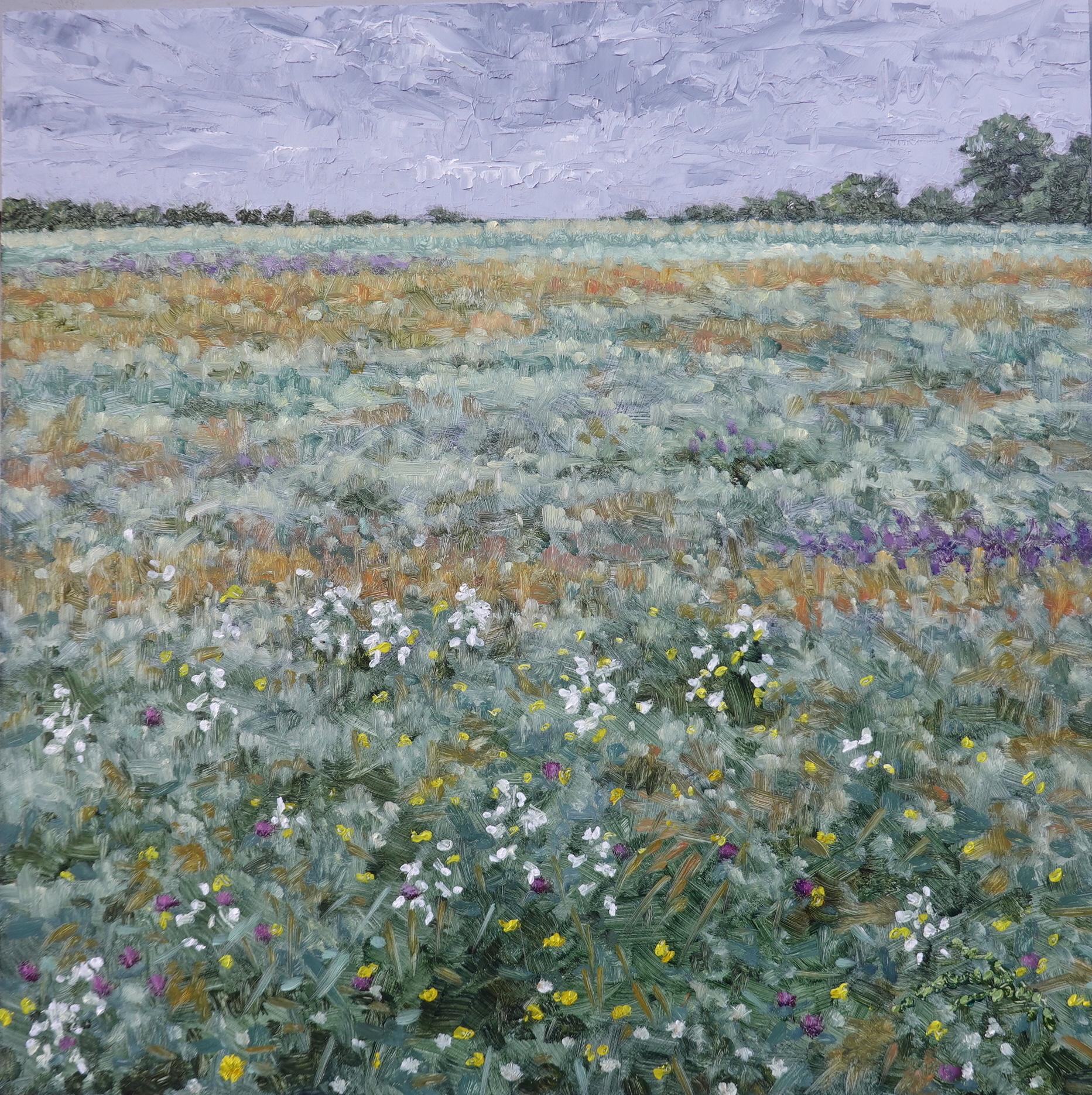 Thomas Sarrantonio Landscape Painting - Field Painting June 15 2021, Summer Landscape, Purple Flowers, Green Field, Sky