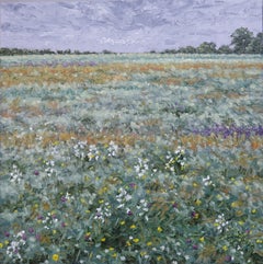 Field Painting June 15 2021, Summer Landscape, Purple Flowers, Green Field, Sky