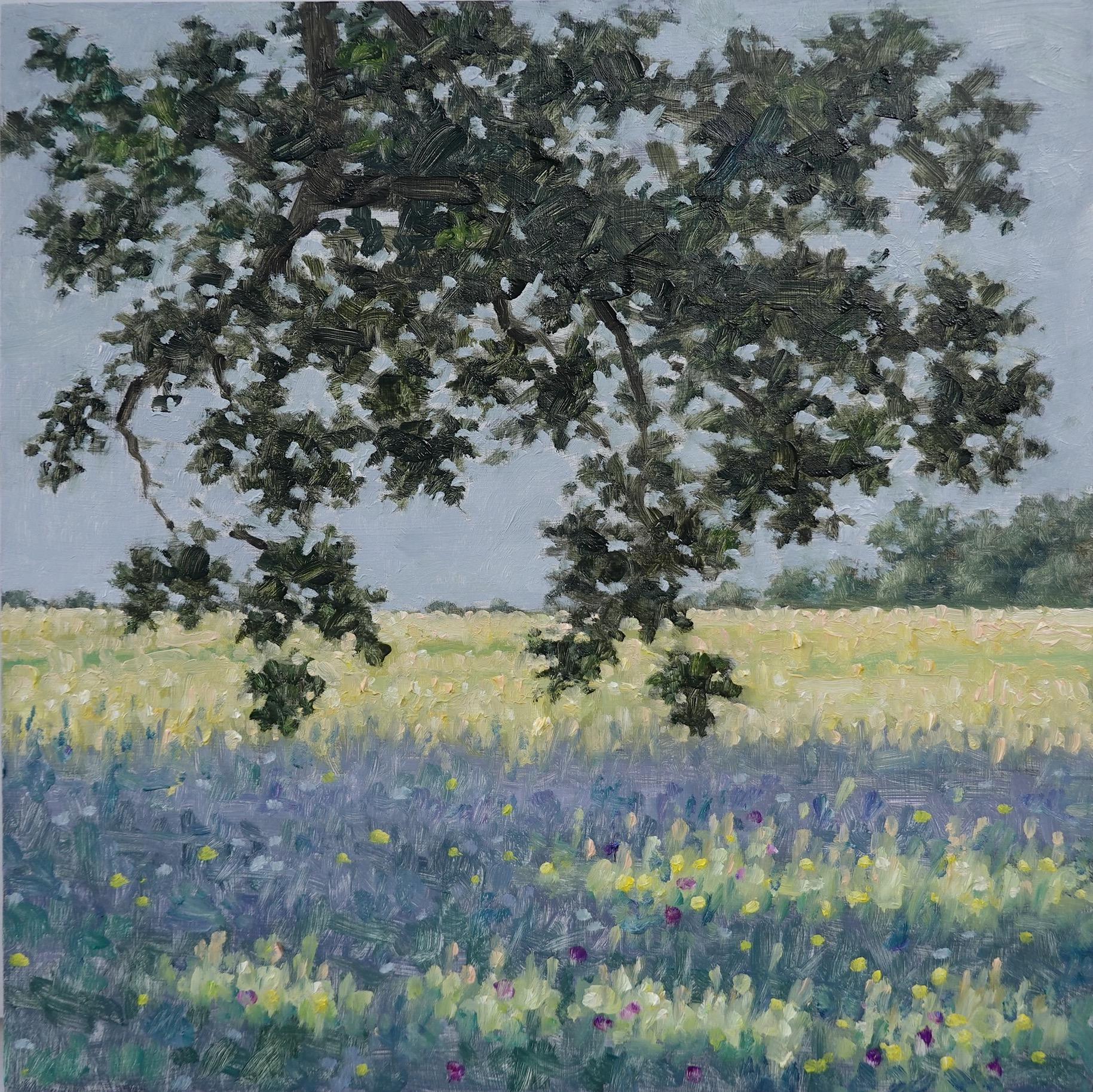 Thomas Sarrantonio Landscape Painting - Field Painting June 15 2022, Summer Landscape, Green Tree, Purple Flowers