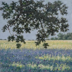 Field Painting June 15 2022, Summer Landscape, Green Tree, Purple Flowers