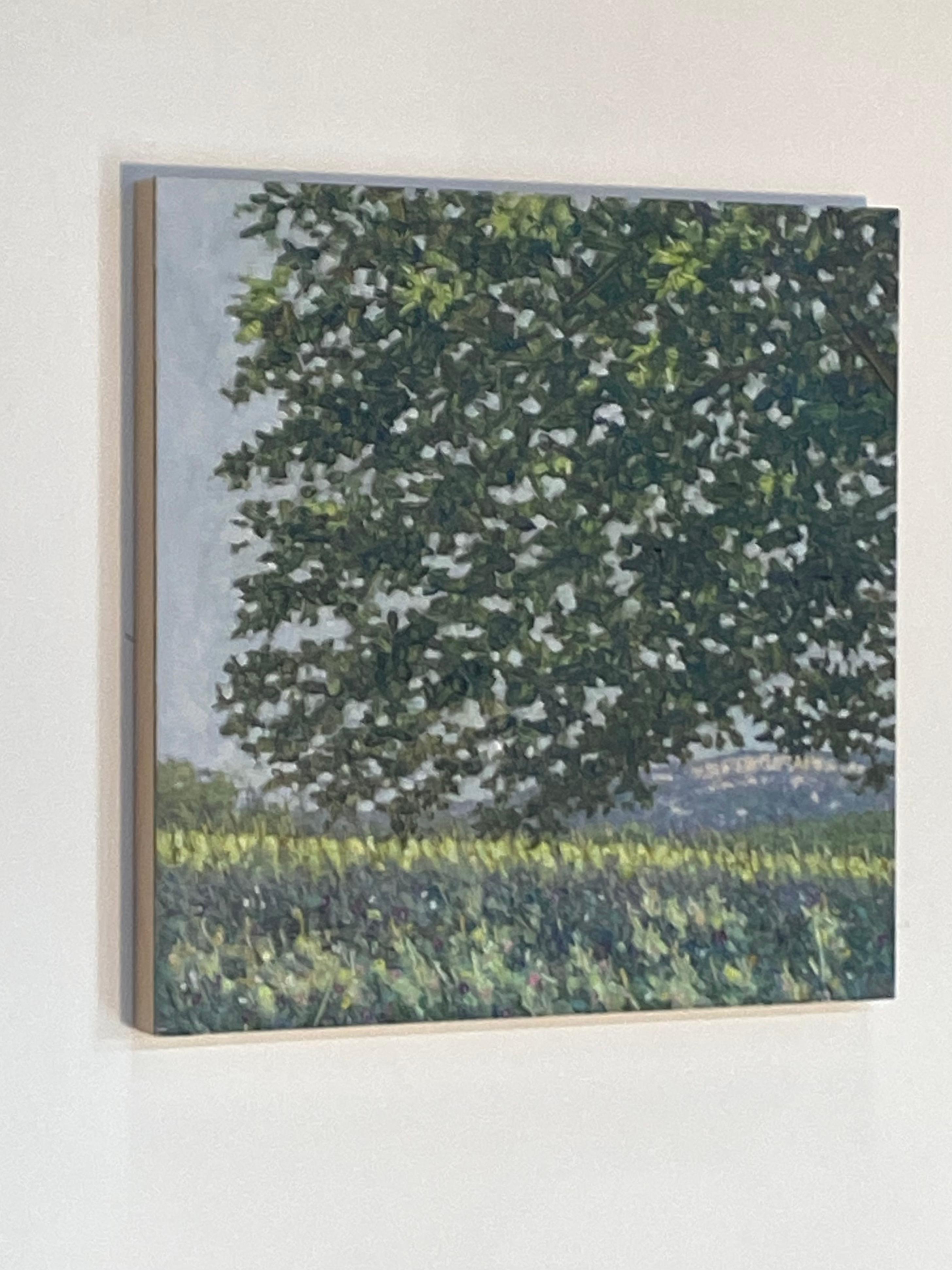 Field Painting June 23 2021, Summer Landscape, Green Tree, Purple Flowers - Black Landscape Painting by Thomas Sarrantonio