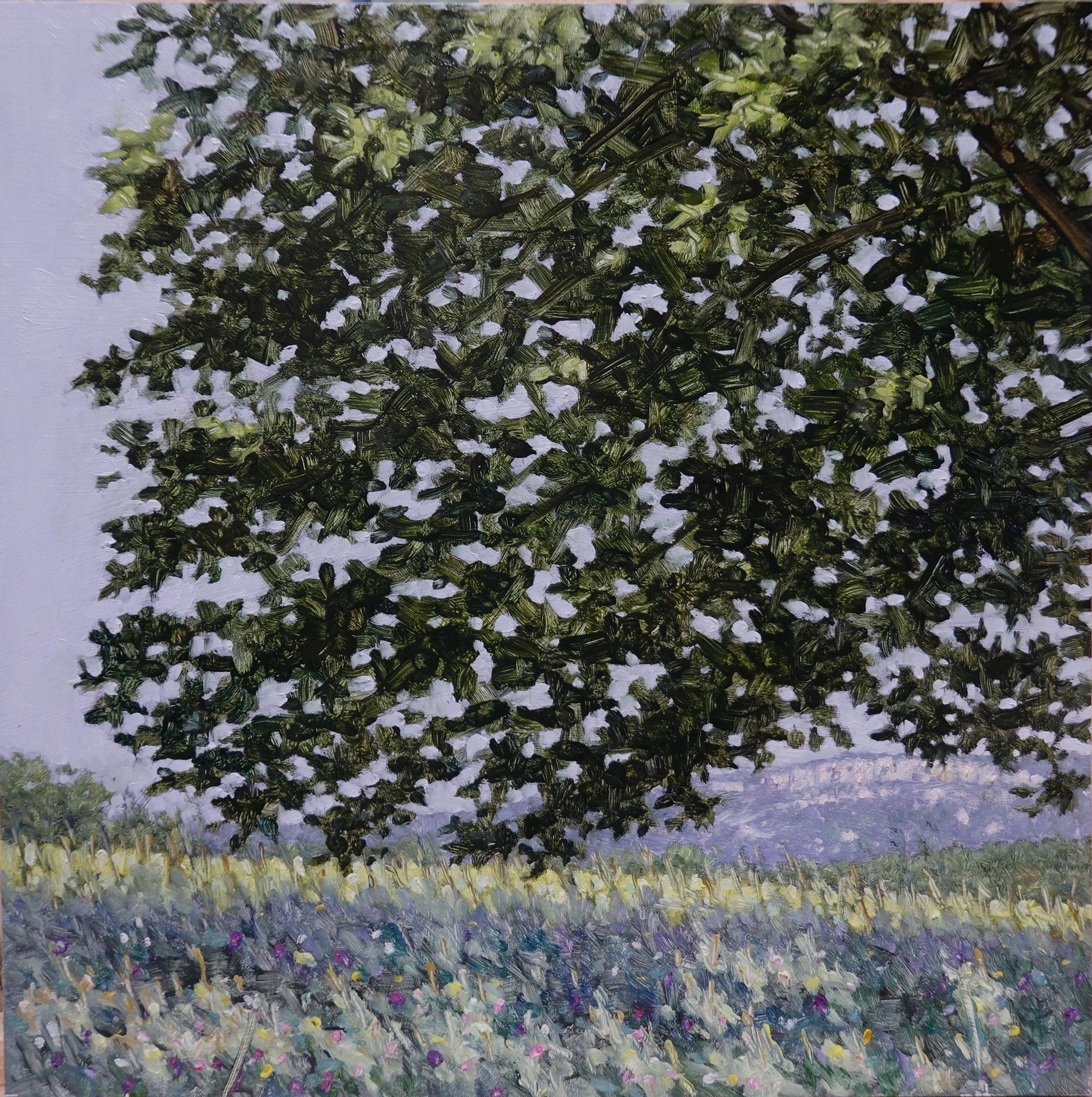 Thomas Sarrantonio Landscape Painting - Field Painting June 23 2021, Summer Landscape, Green Tree, Purple Flowers