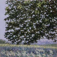 Field Painting June 23 2021, Summer Landscape, Green Tree, Purple Flowers, Grass