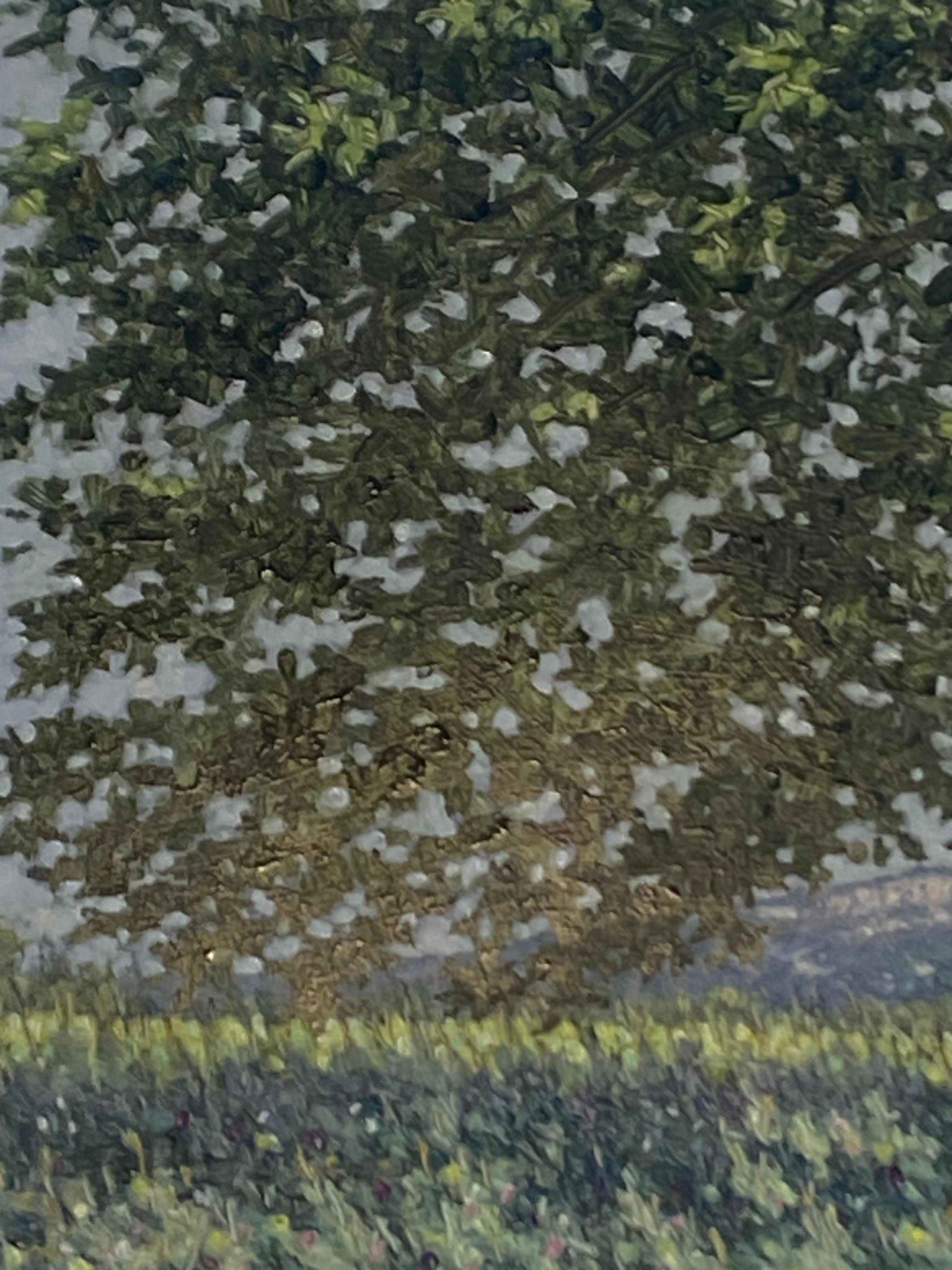 In questo dipinto di paesaggio contemporaneo a olio su tavola, una tranquilla scena all'aperto è ambientata in estate con un campo erboso con fiori viola sotto un albero con foglie verde scuro, che cattura magnificamente l'atmosfera idilliaca di un