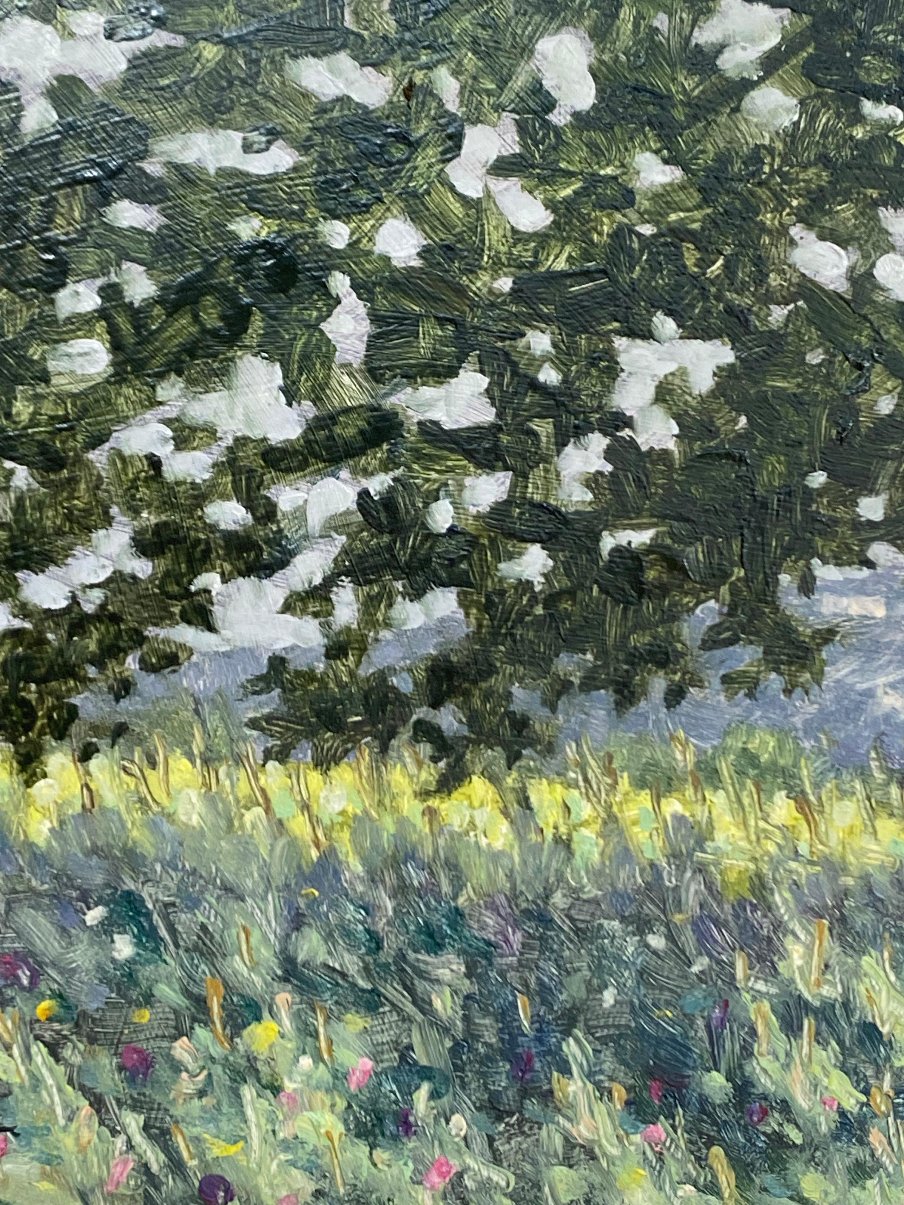 Pittura di campo 23 giugno 2021 - Paesaggio estivo Albero Fiori viola Erba, 2021 in vendita 1