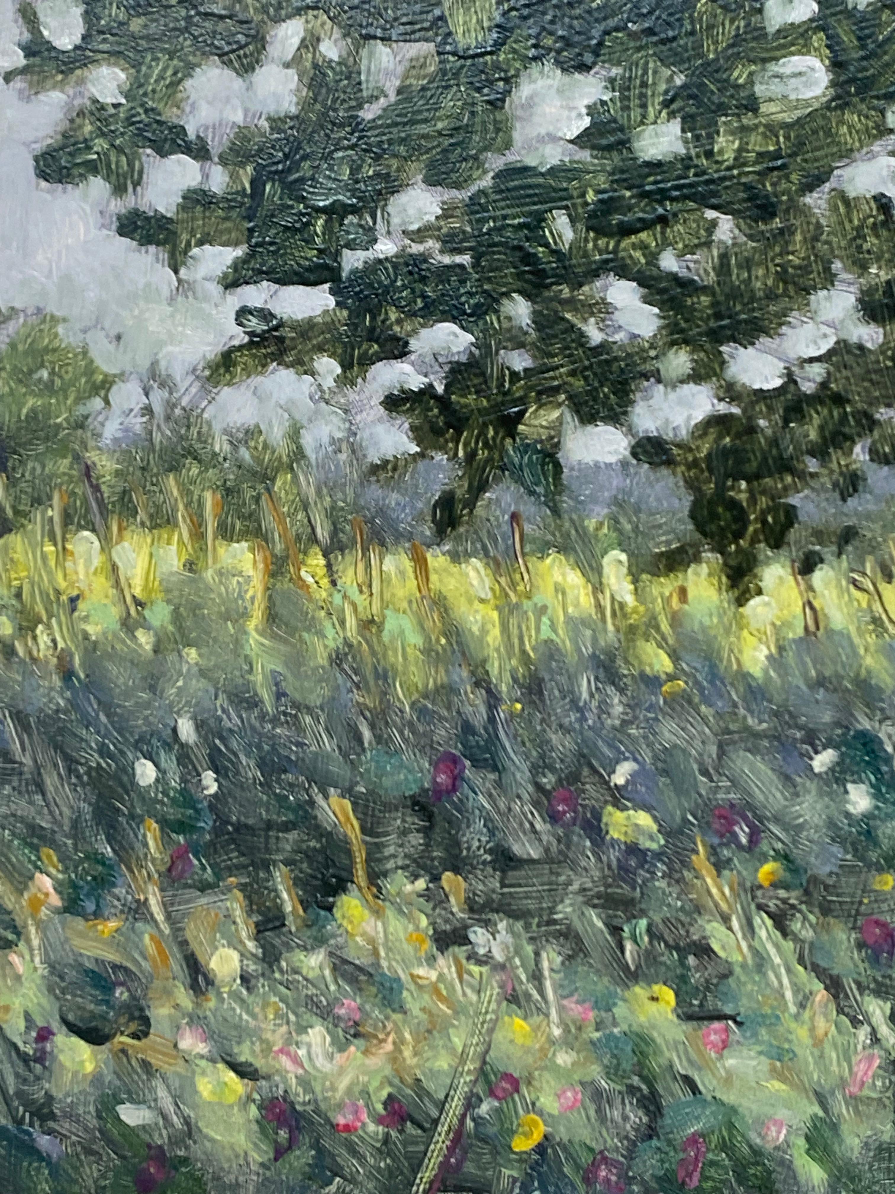 Pittura di campo 23 giugno 2021 - Paesaggio estivo Albero Fiori viola Erba, 2021 in vendita 2
