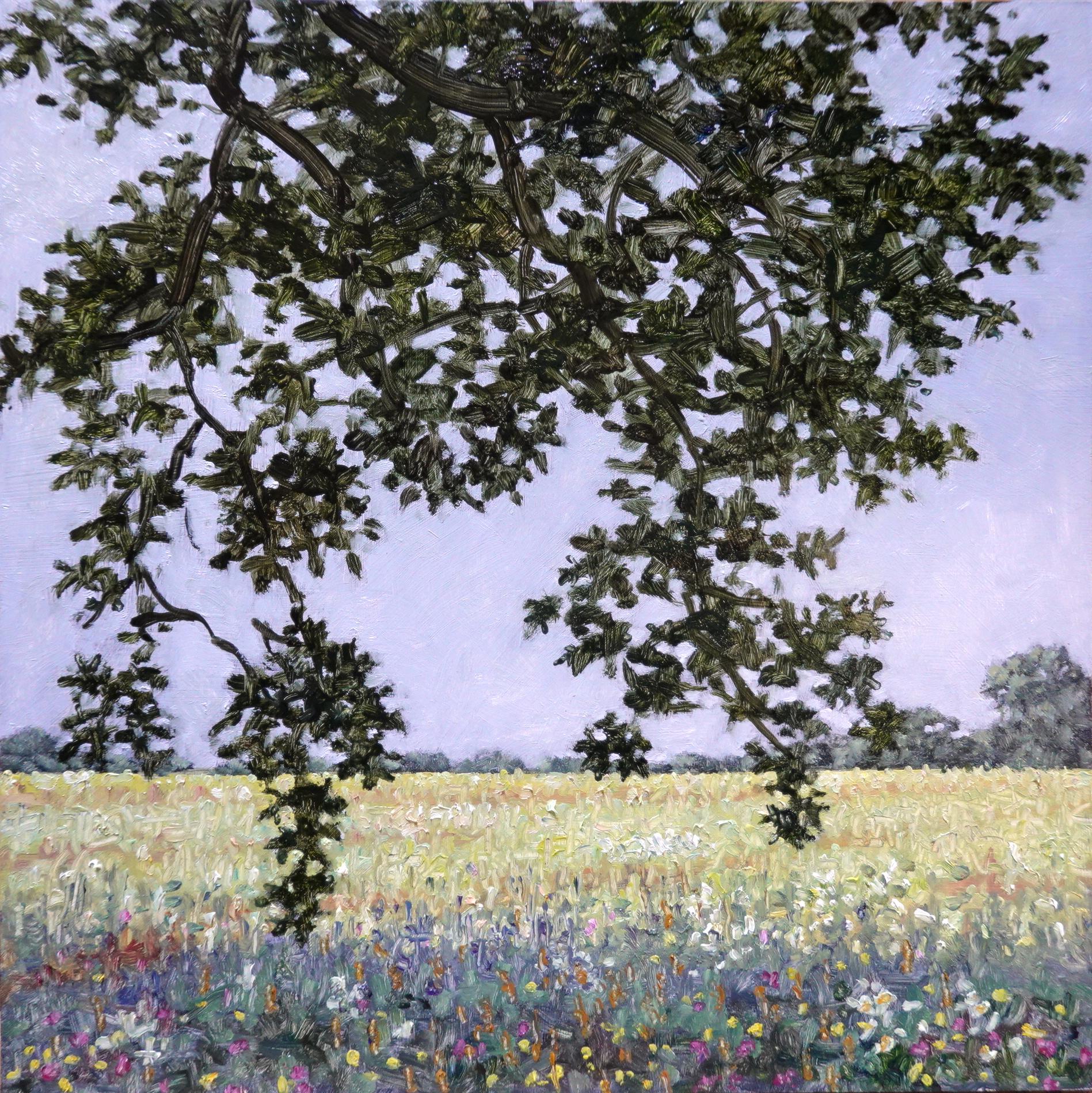 Thomas Sarrantonio Landscape Painting - Field Painting June 25 2022, Summer Landscape, Green Tree, Lavender Flowers