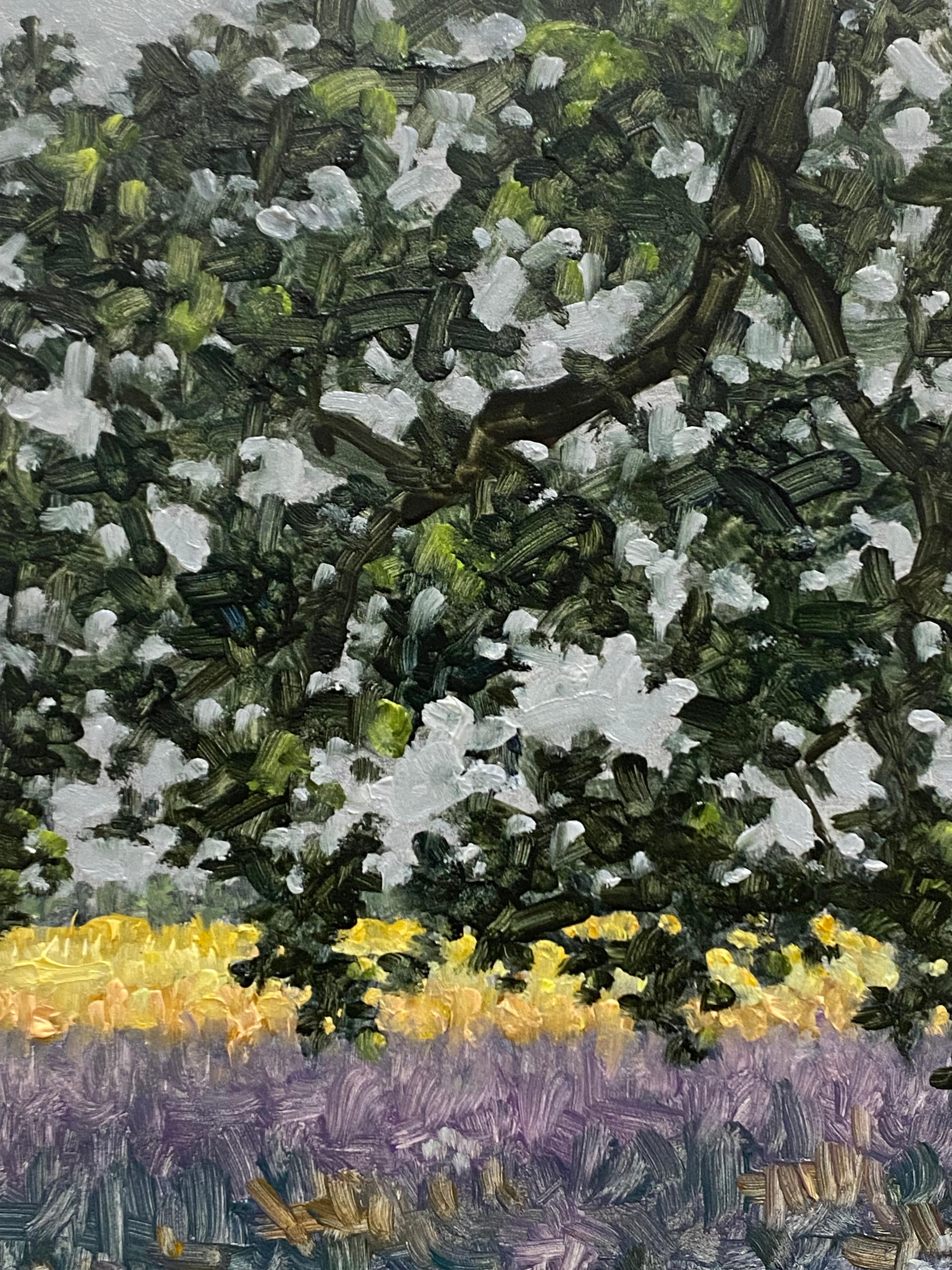 Feldgemälde 30. Juni 2022, Grüner Baum, goldenes Gras, lila Lavendelblüten im Angebot 5