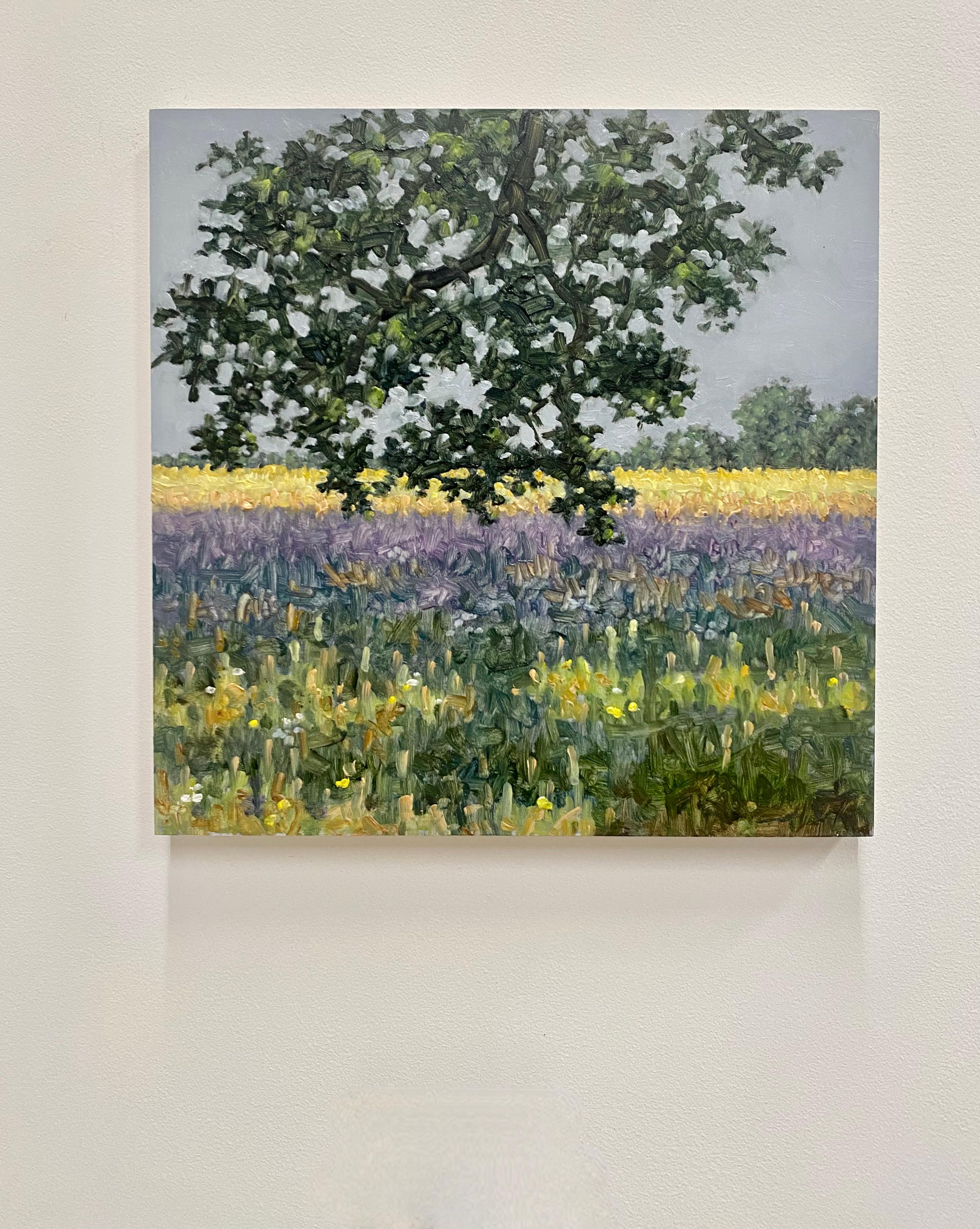 Feldgemälde 30. Juni 2022, Grüner Baum, goldenes Gras, lila Lavendelblüten – Painting von Thomas Sarrantonio