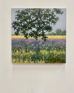 Field Painting June 30 2022, Green Tree, Golden Grass, Purple Lavender Flowers