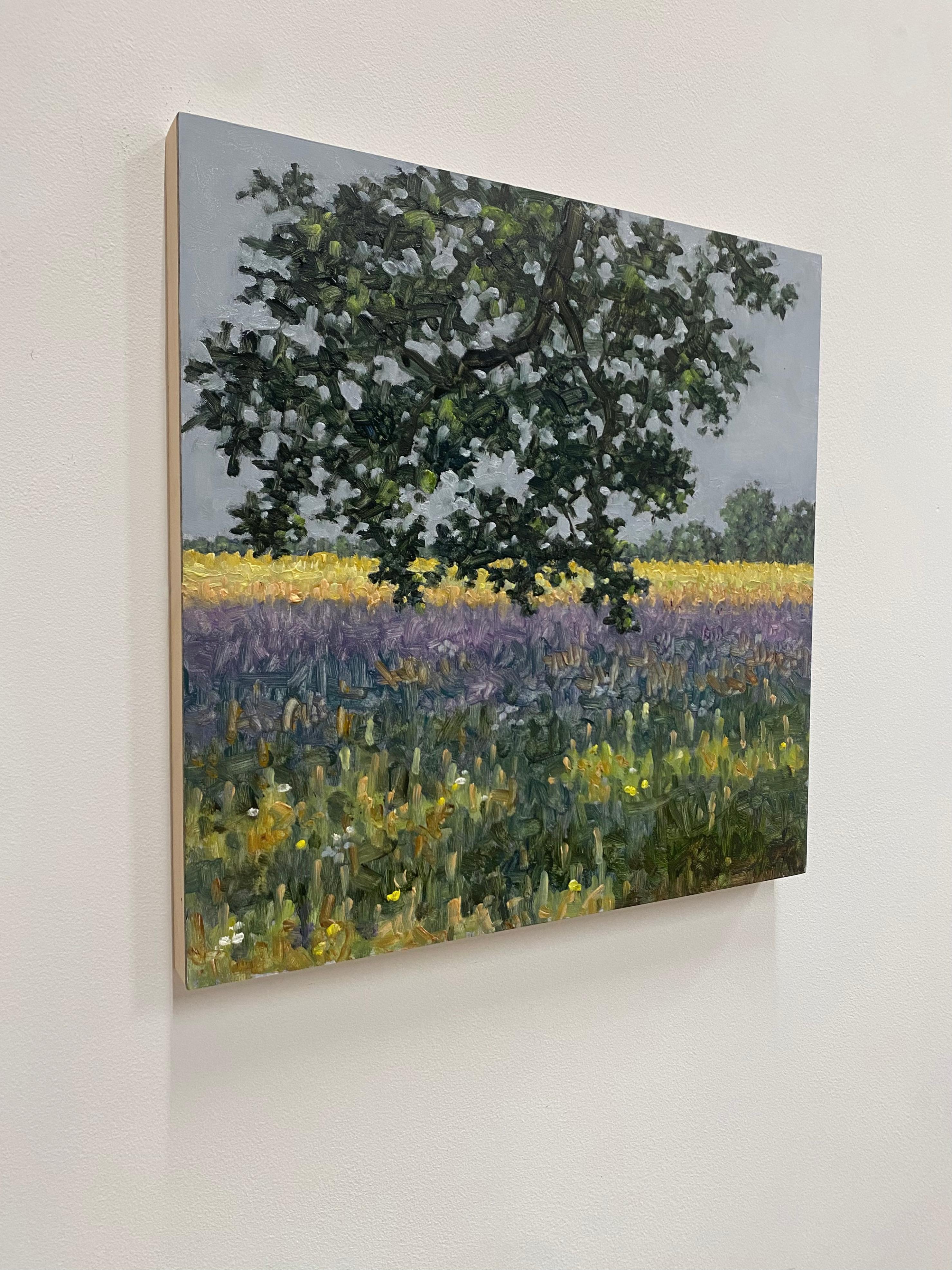 Feldgemälde 30. Juni 2022, Grüner Baum, goldenes Gras, lila Lavendelblüten (Zeitgenössisch), Painting, von Thomas Sarrantonio