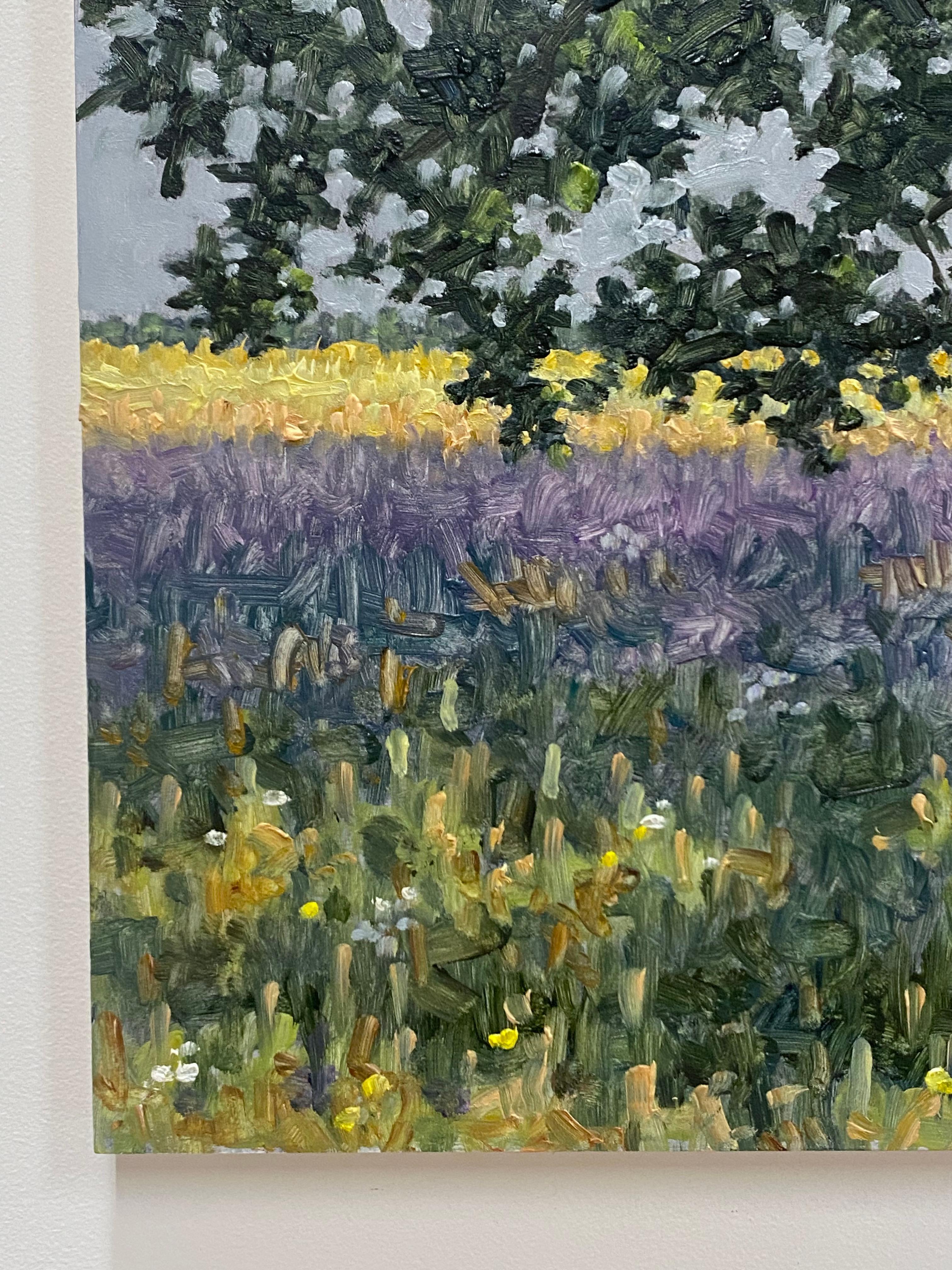 Feldgemälde 30. Juni 2022, Grüner Baum, goldenes Gras, lila Lavendelblüten (Grau), Landscape Painting, von Thomas Sarrantonio