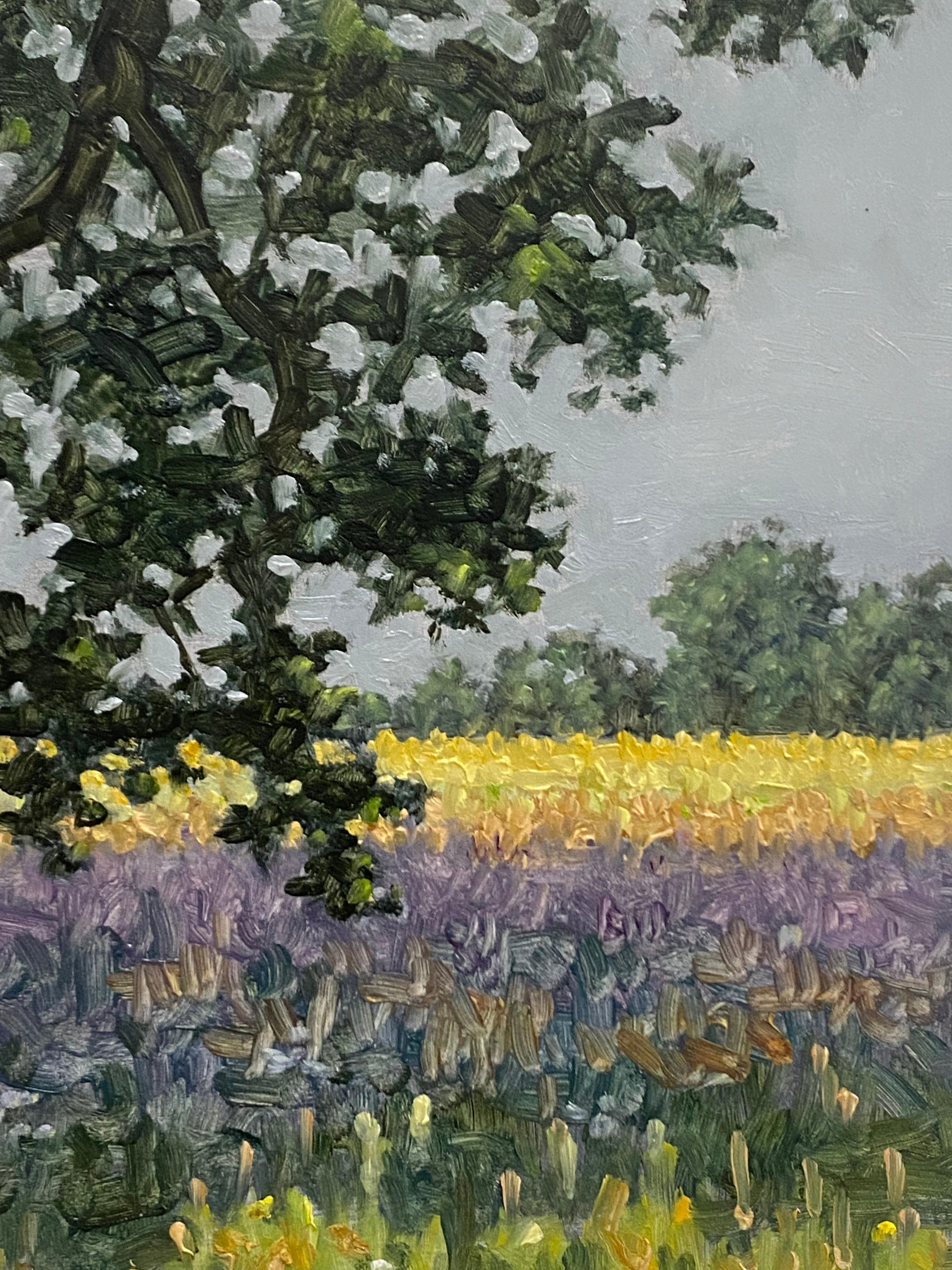 Feldgemälde 30. Juni 2022, Grüner Baum, goldenes Gras, lila Lavendelblüten im Angebot 2
