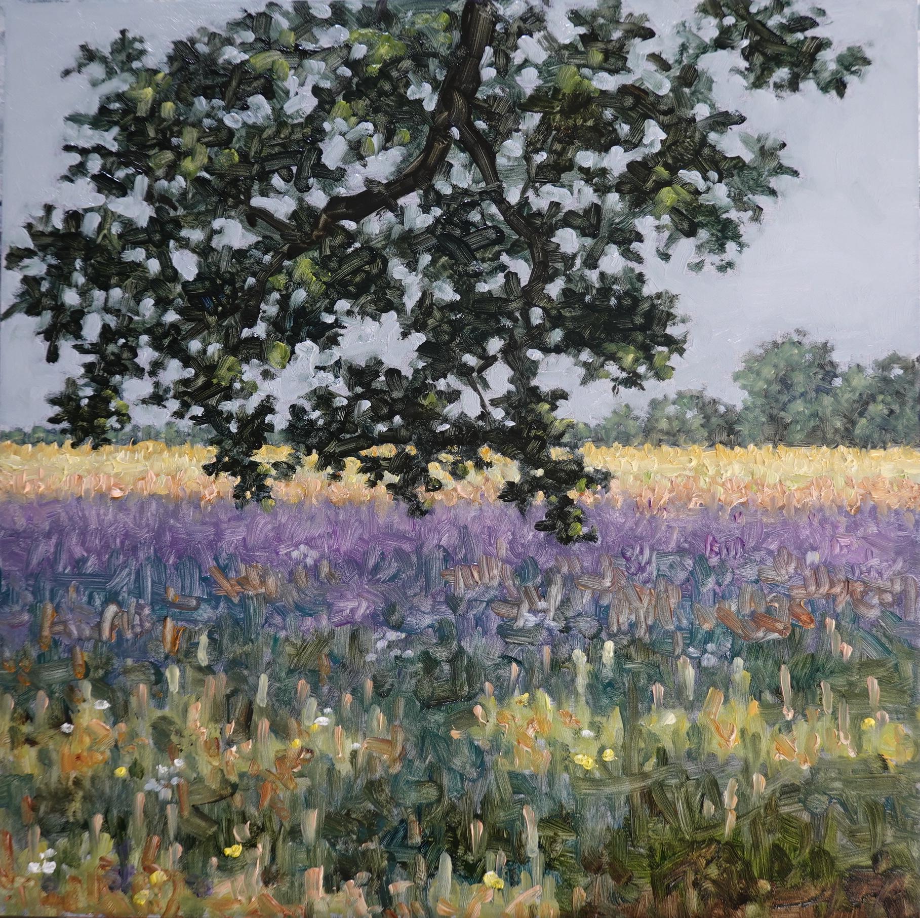 Feldgemälde 30. Juni 2022, Grüner Baum, goldenes Gras, lila Lavendelblüten