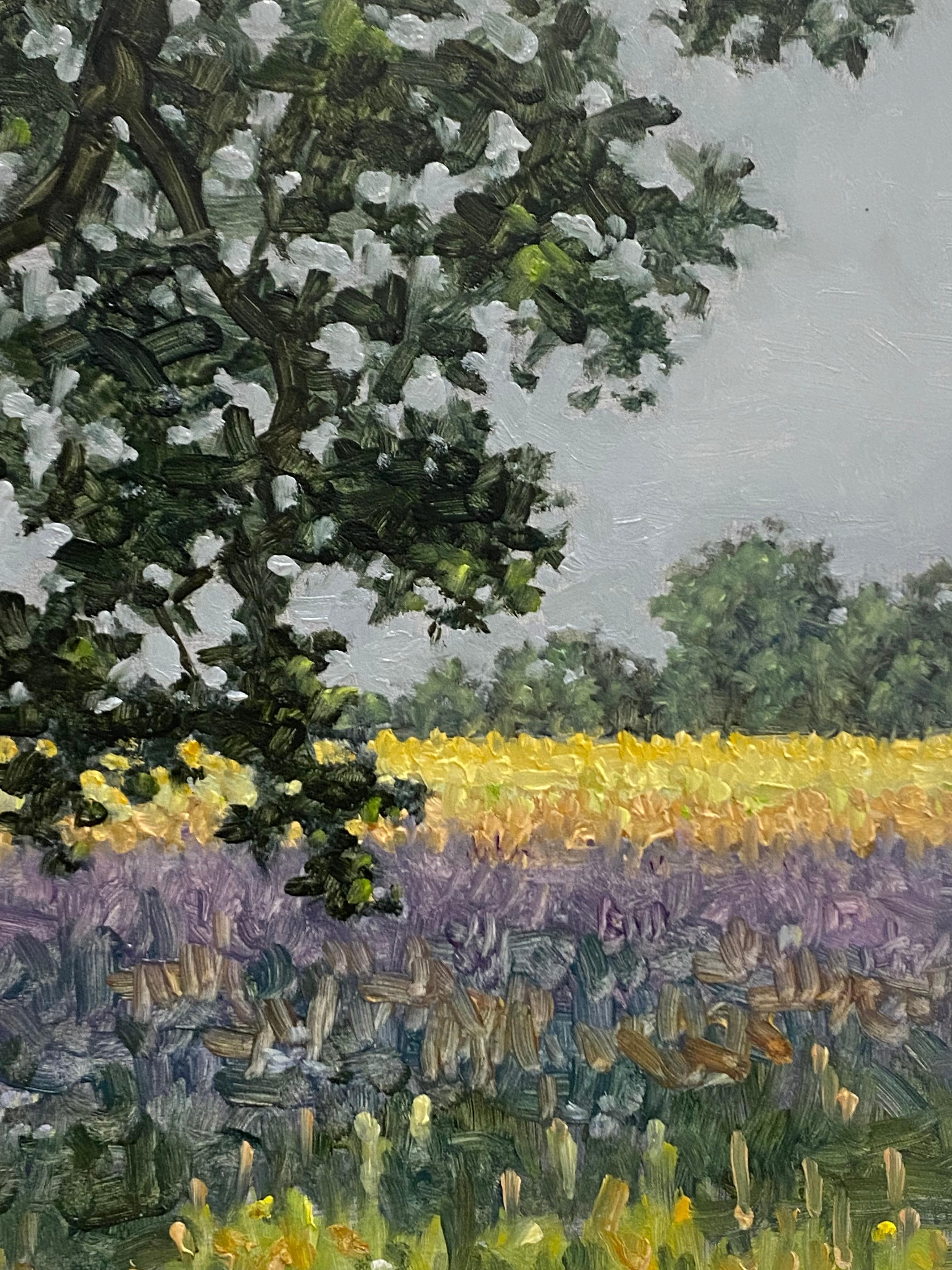 Field Painting June 30 2022, Green Tree, Golden Grass, Purple Lavender Flowers For Sale 1