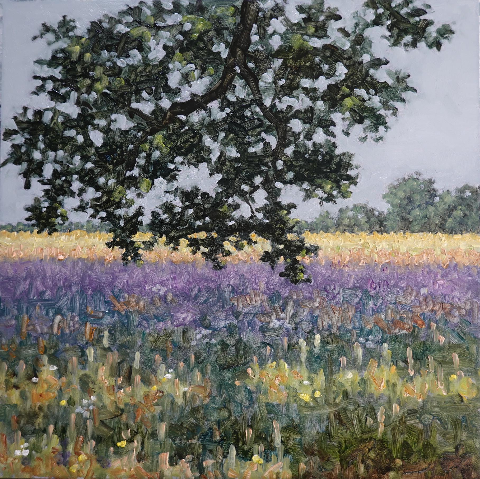 Thomas Sarrantonio Landscape Painting - Field Painting June 30 2022, Green Tree, Golden Grass, Purple Lavender Flowers