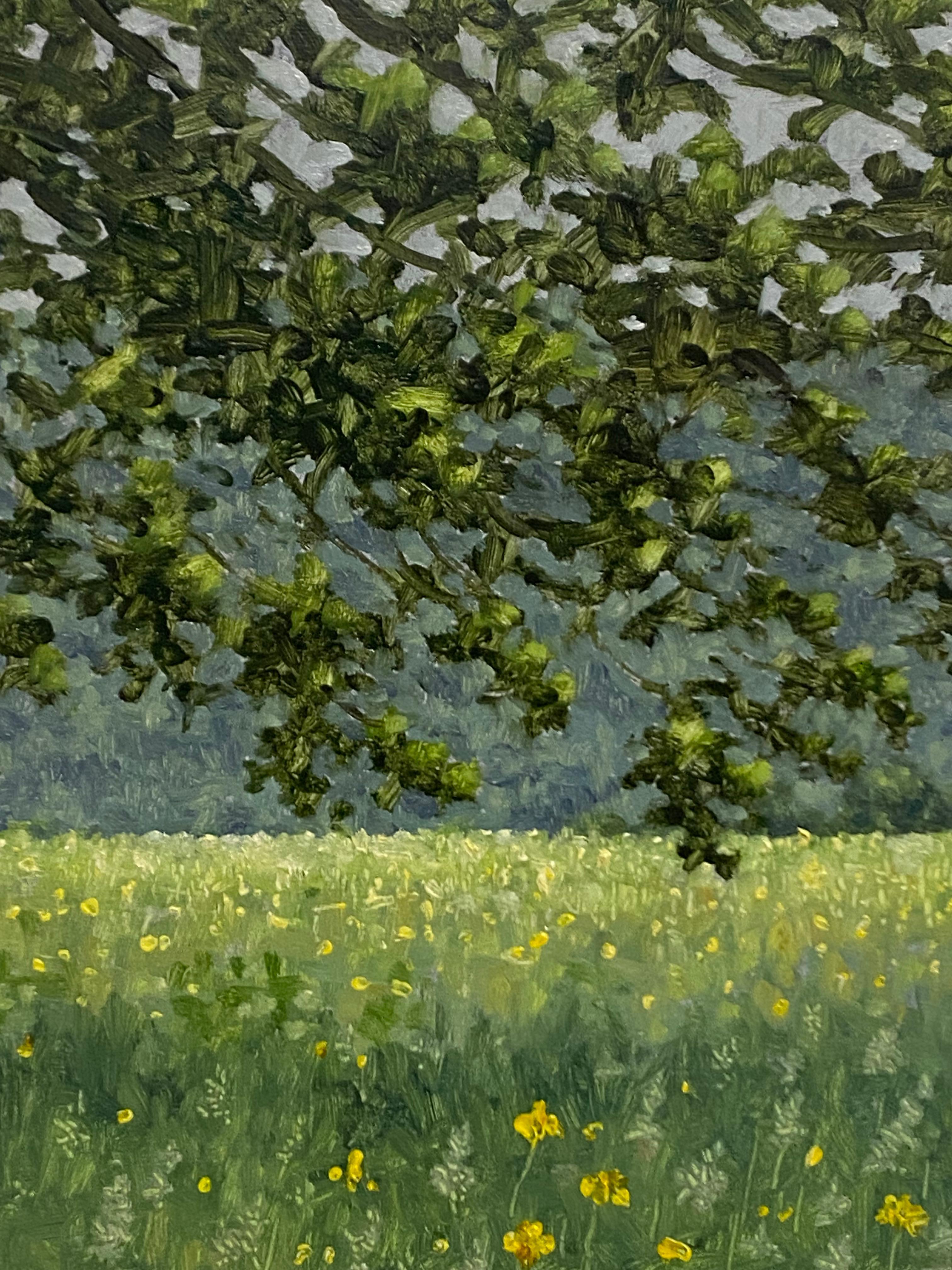 Field Painting June 4 2021, Summer Landscape, Green Tree, Yellow Flowers For Sale 2