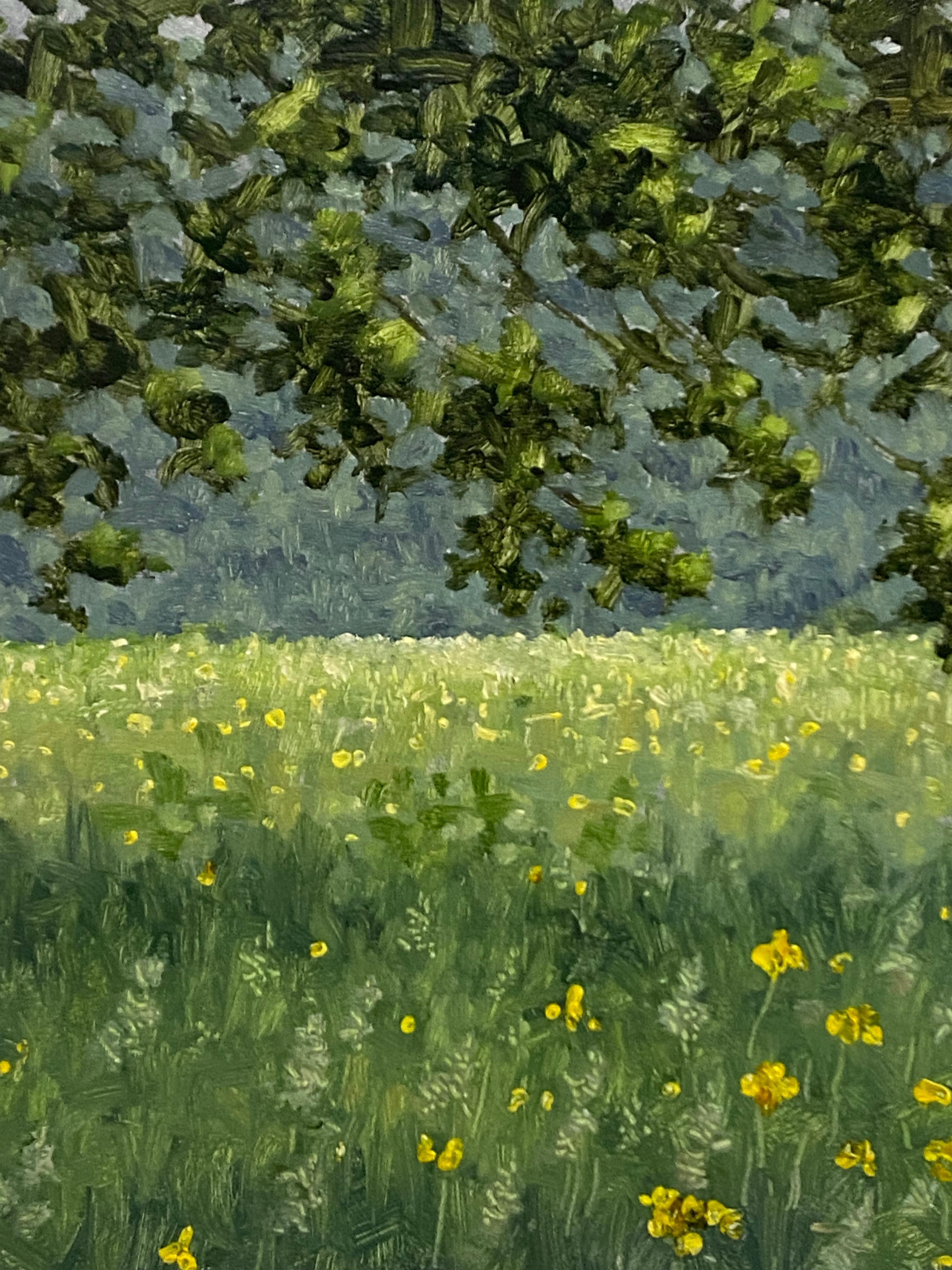 Field Painting June 4 2021, Summer Landscape, Green Tree, Yellow Flowers For Sale 3