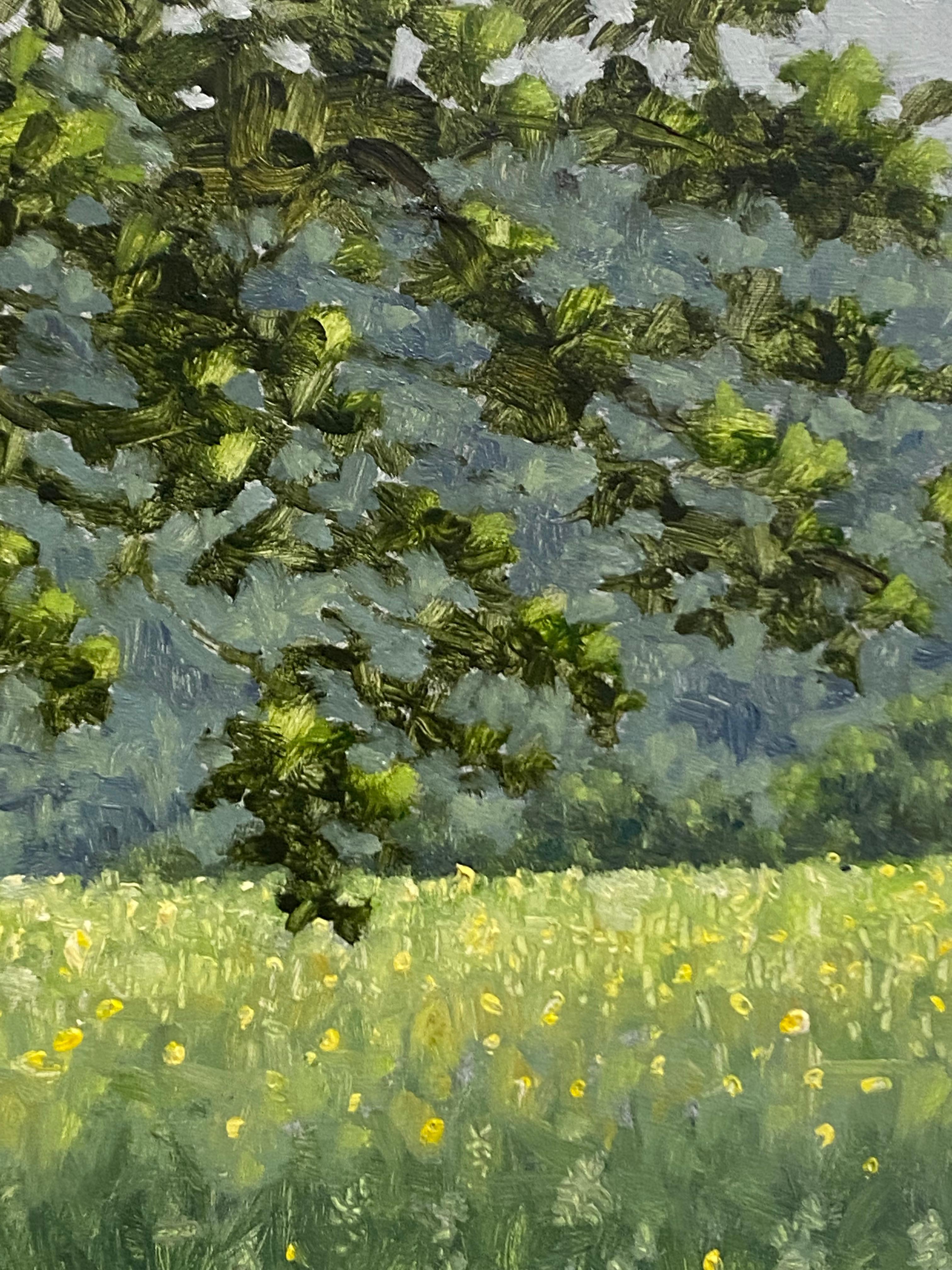 Field Painting June 4 2021, Summer Landscape, Green Tree, Yellow Flowers For Sale 4