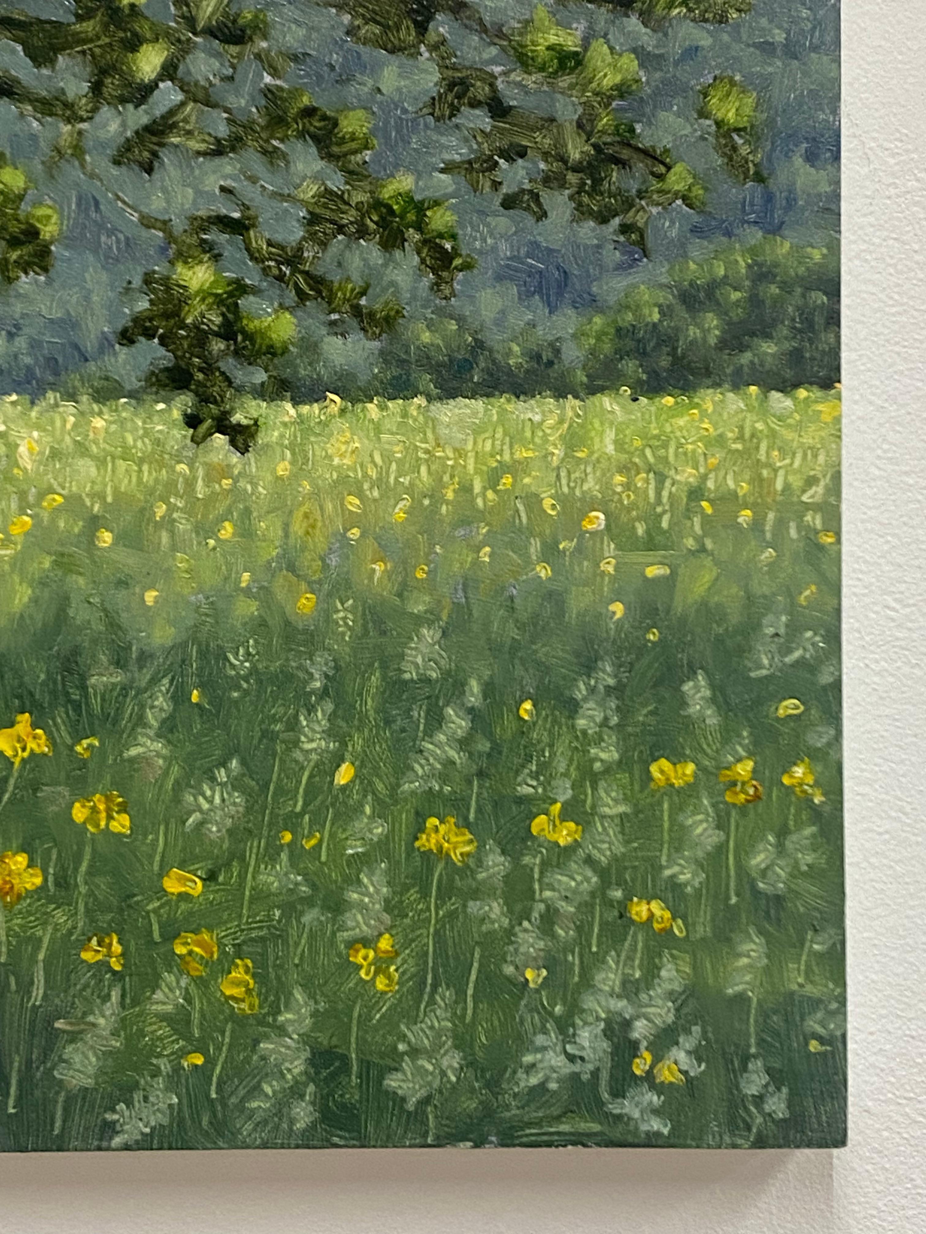 Field Painting June 4 2021, Summer Landscape, Green Tree, Yellow Flowers For Sale 6