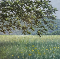Field Painting June 4 2021, Summer Landscape, Green Tree, Yellow Flowers