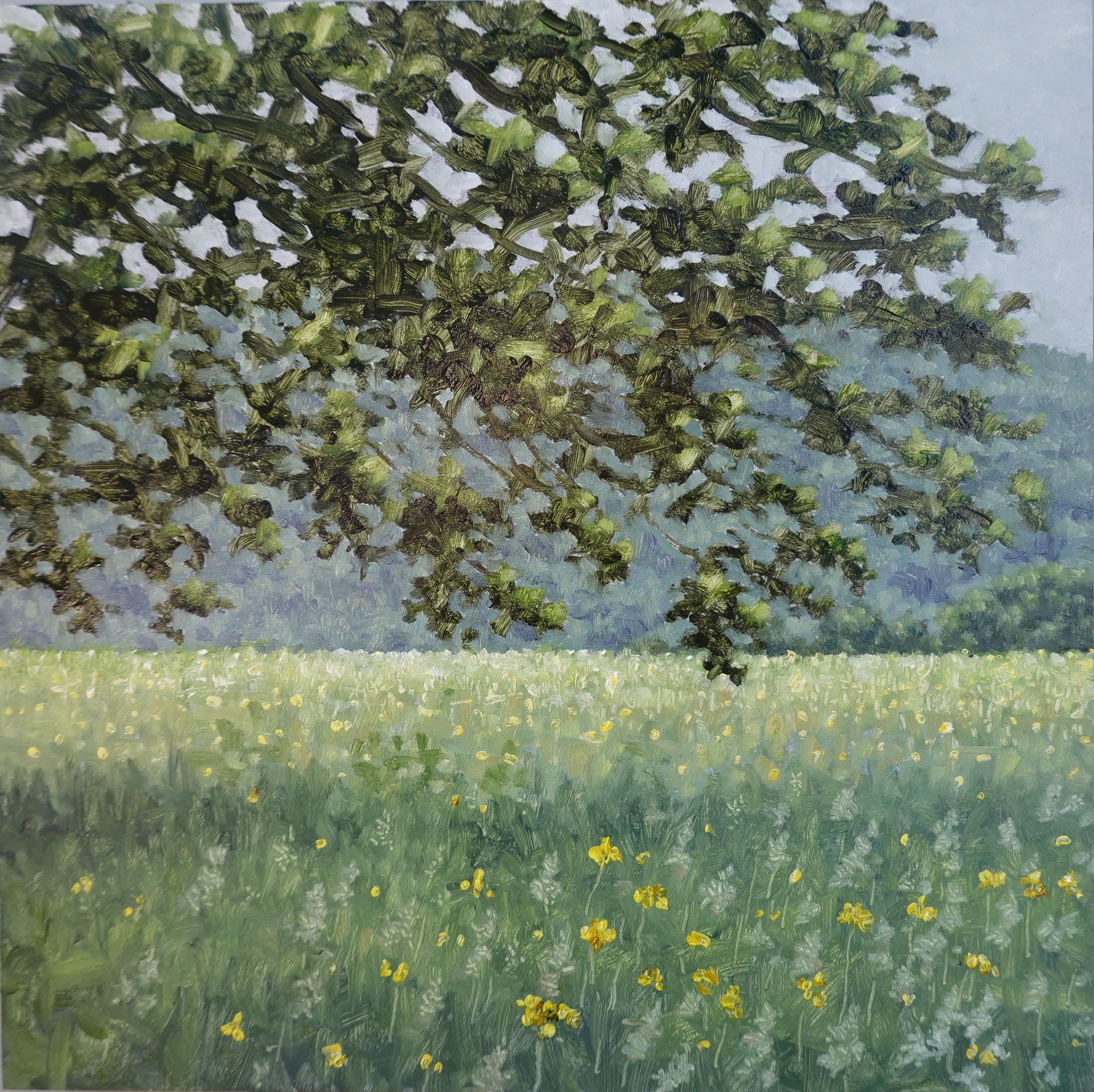 Thomas Sarrantonio Landscape Painting - Field Painting June 4 2021, Summer Landscape, Green Tree, Yellow Flowers