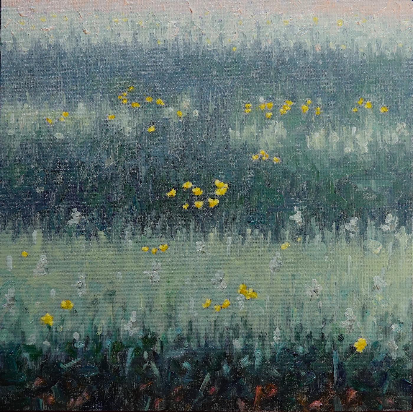 In this contemporary landscape painting in oil on panel, a peaceful summer scene is set, beautifully capturing the idyllic feel of a field of wildflowers in late May. Signed, dated and titled on verso.

The paintings of Thomas Sarrantonio seek to