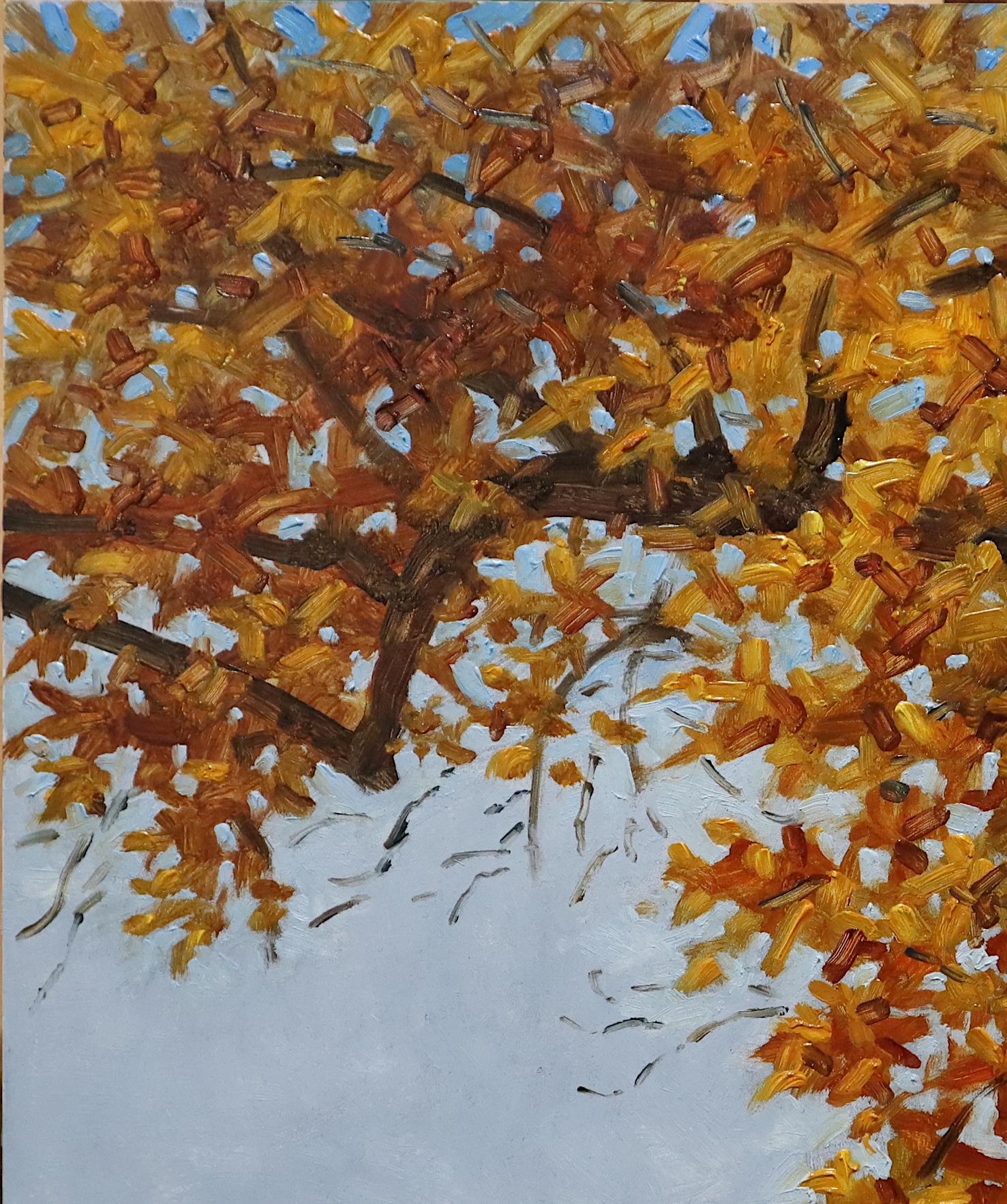 Field Painting November 10 2020, Orange Tree, Brown, Autumn Landscape For Sale 1