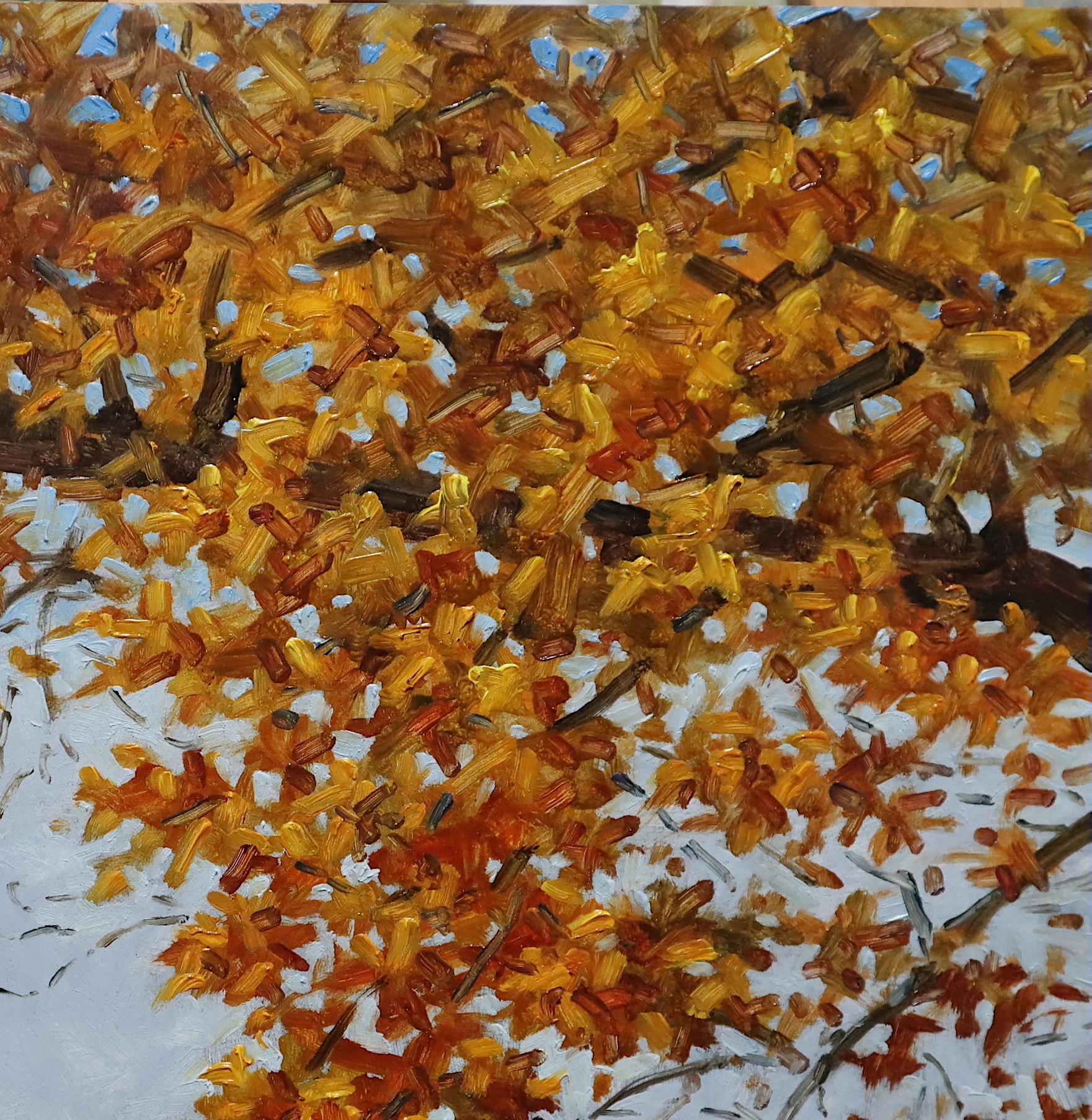 Field Painting November 10 2020, Orange Tree, Brown, Autumn Landscape For Sale 2